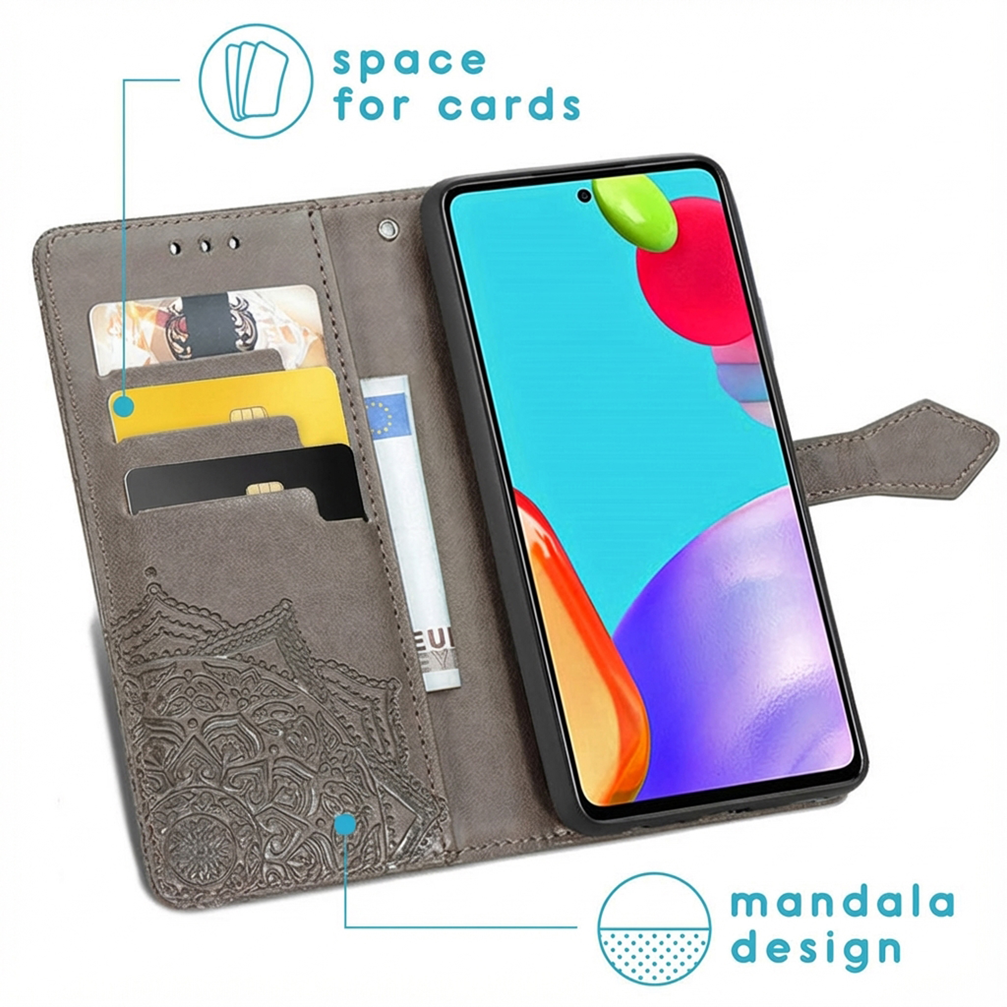 Grijze telefoonhoes portemonnee met kaartsleuven en mandala-design.