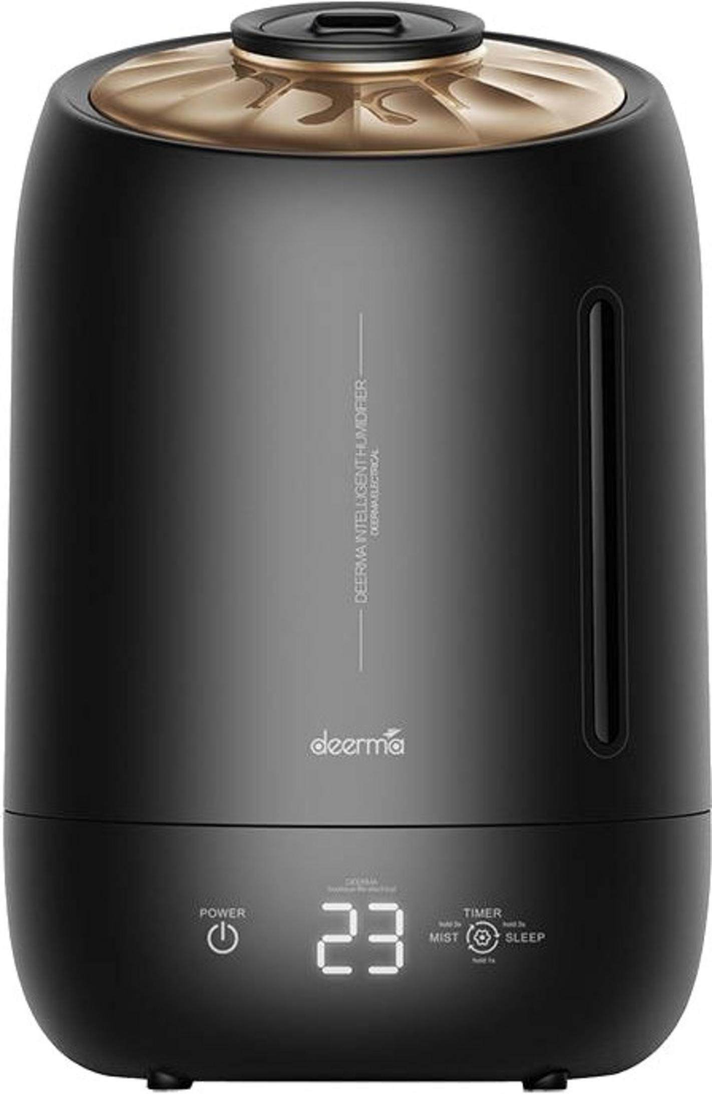 Un umidificatore nero con coperchio dorato e display digitale.