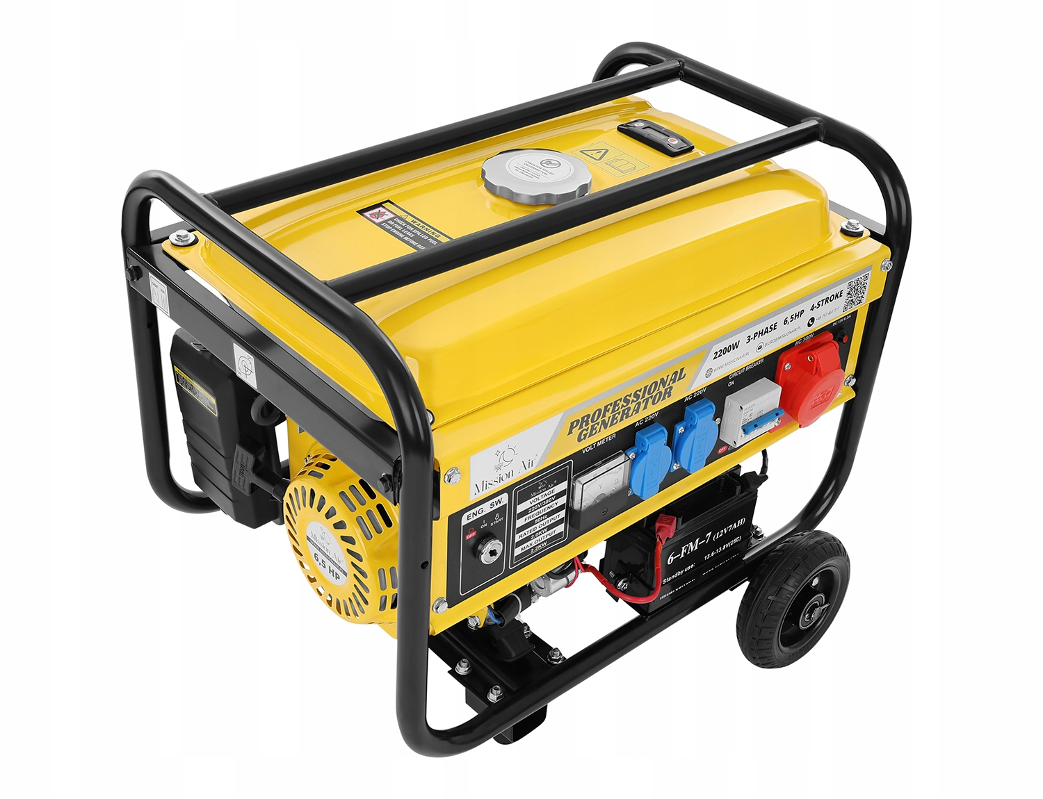 Żółty profesjonalny generator z czarną metalową ramą i kołami.