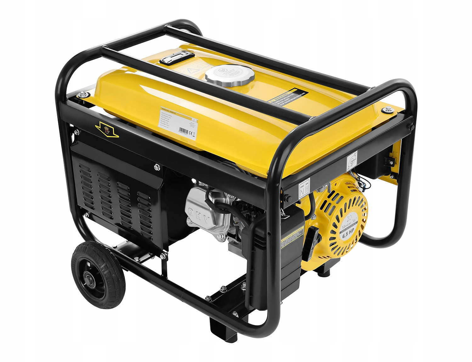 Żółty generator z czarną metalową ramą i kołami.