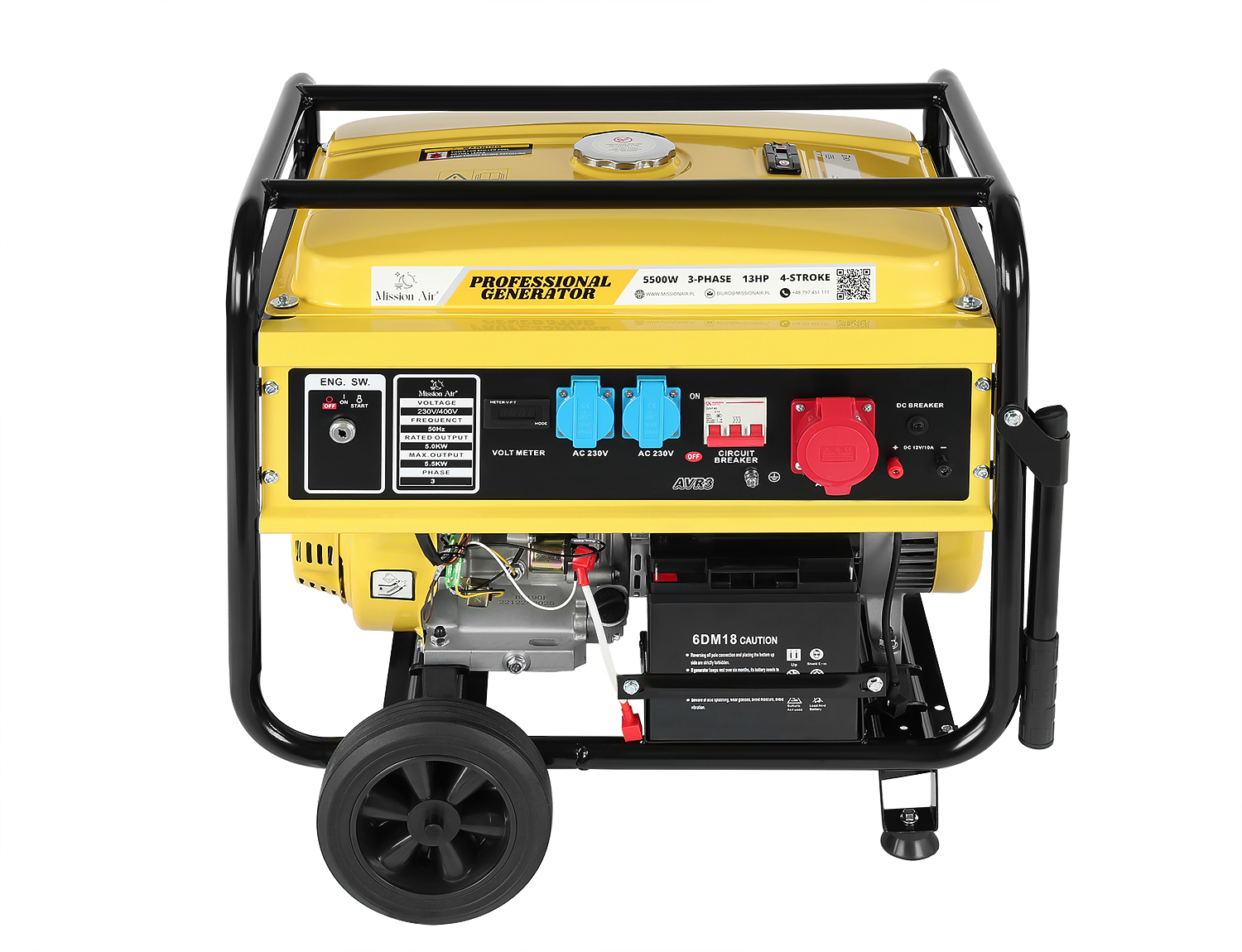 Żółty generator z czarną metalową ramą, kołami i panelem sterowania.