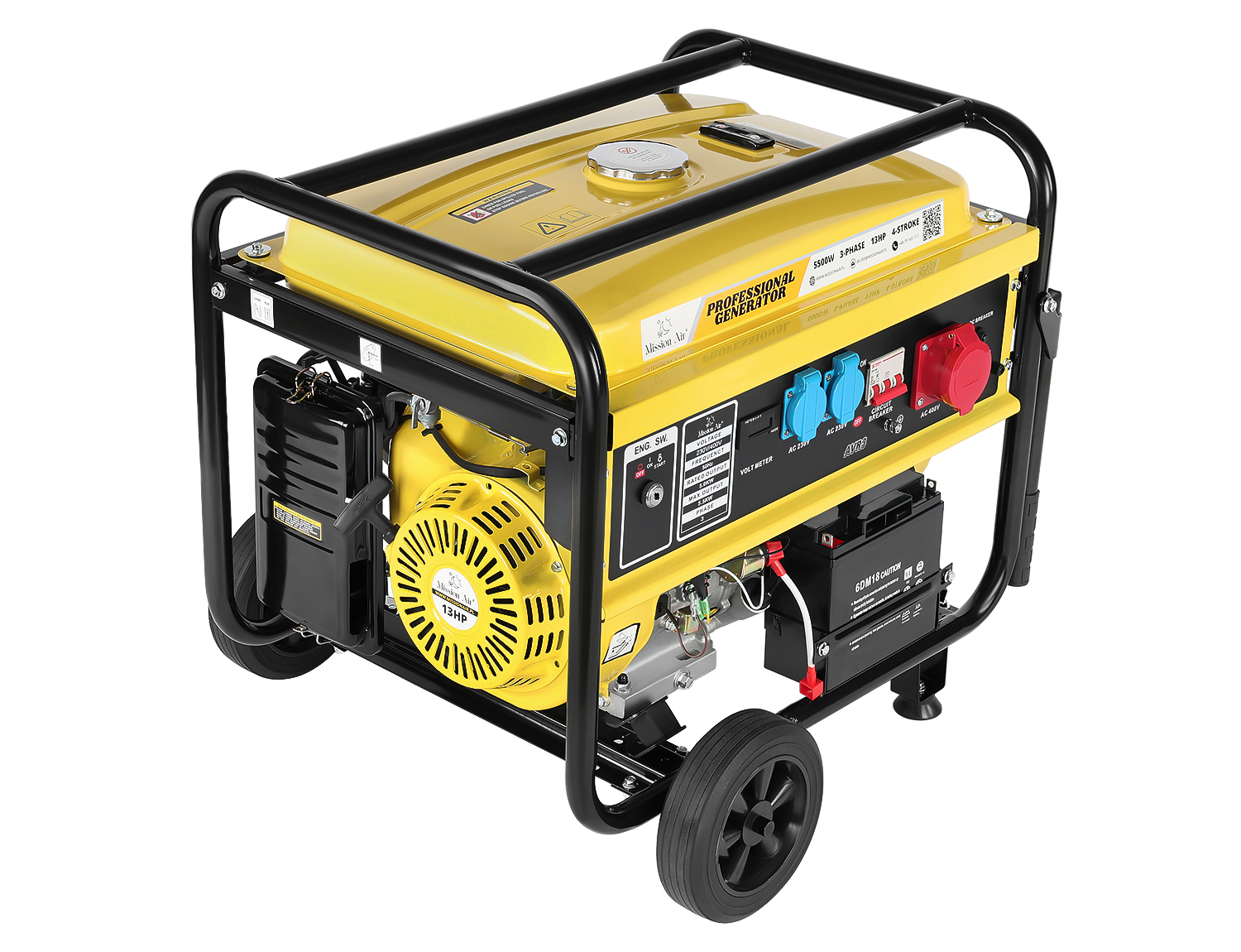 Żółty generator z czarną metalową ramą, kołami i uchwytami.