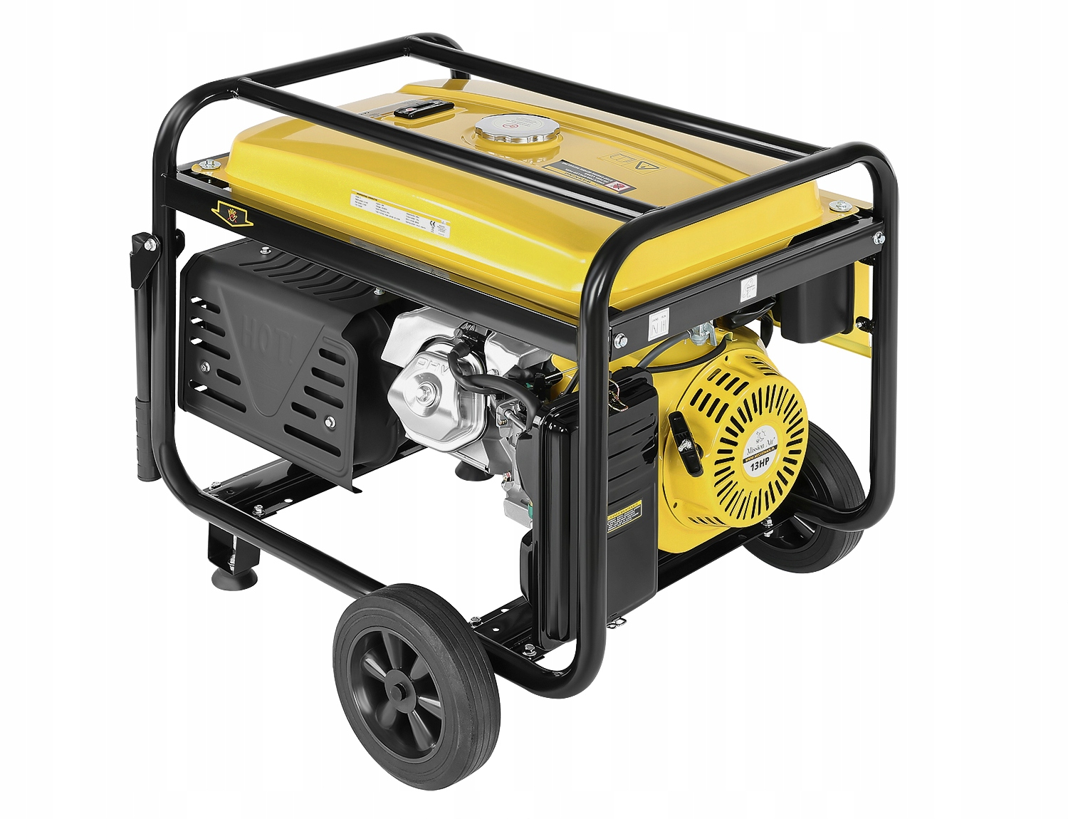 Żółty generator z czarną metalową ramą i kołami.