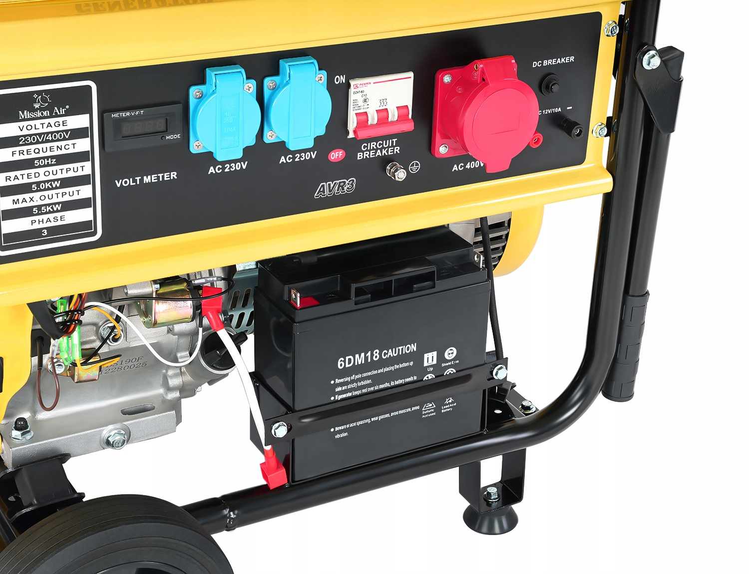 Żółty generator z czarną ramą, akumulatorem i panelem sterowania.