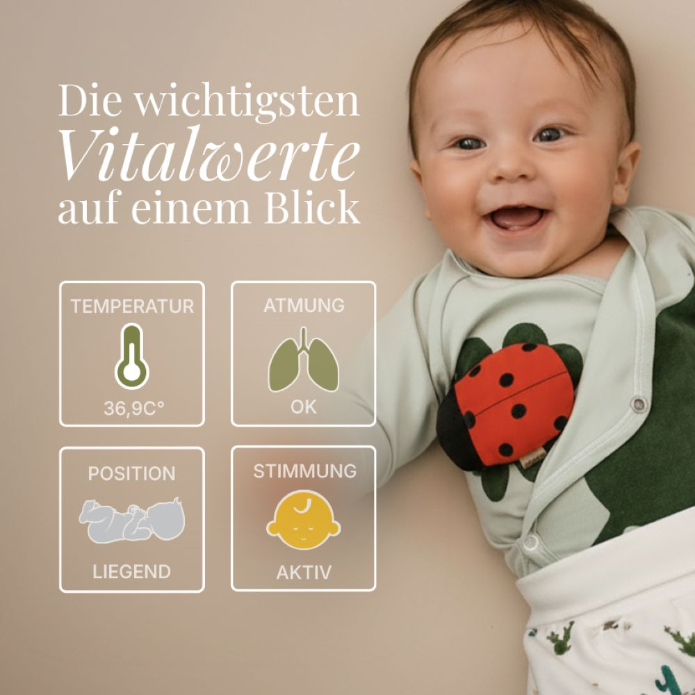Ein lächelndes Baby mit Vitalwerten: Temp. 36,9°C, Atmung OK, liegend, aktiv.