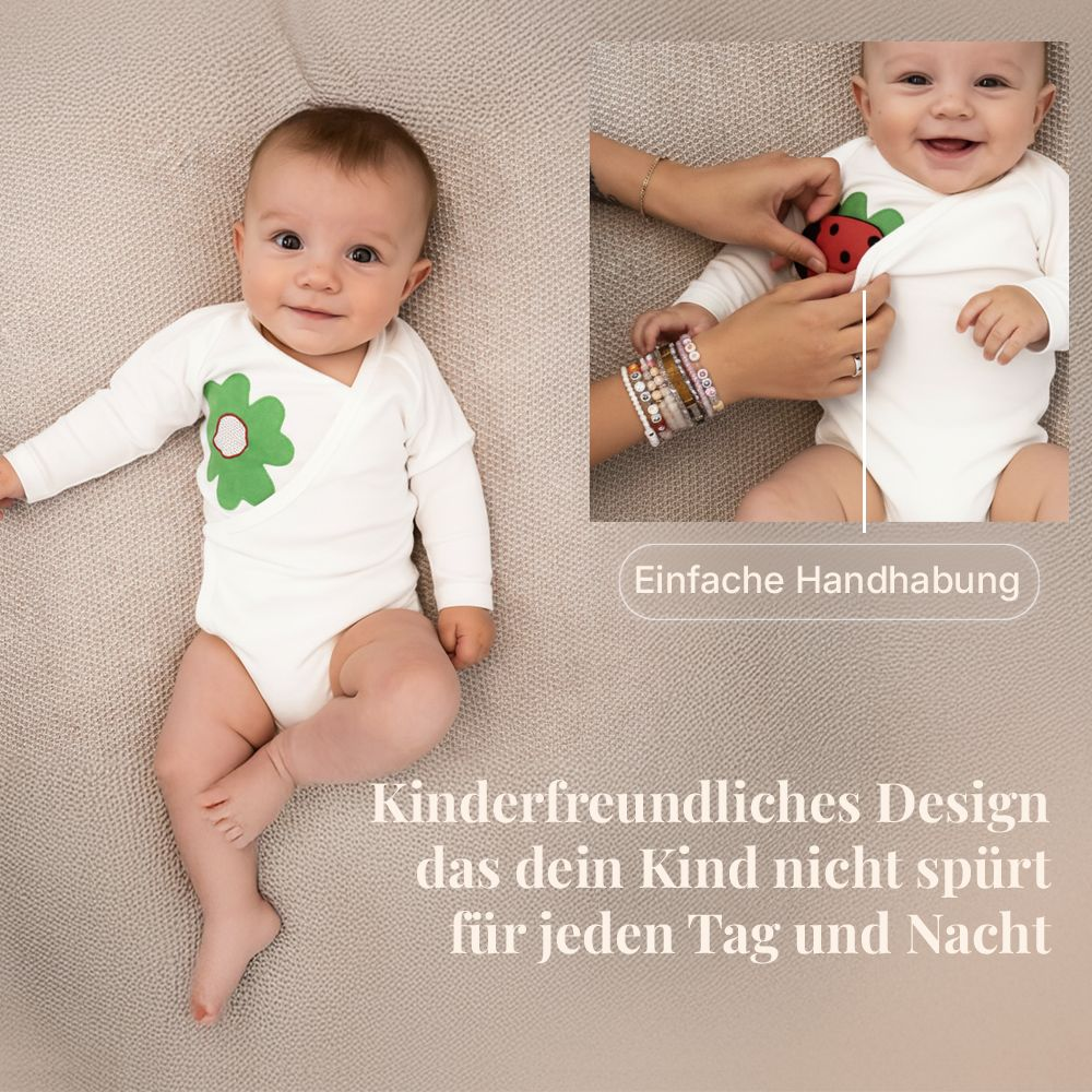 Baby im weißen Body mit grünblauer Blume. Kleineres Bild zeigt Anlegen eines Marienkäfers.