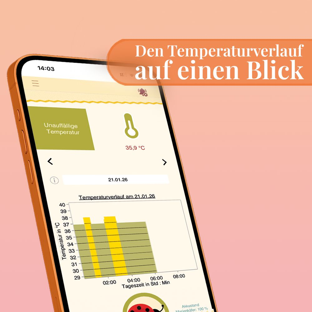 Smartphone zeigt Temperaturverlauf mit Diagramm und Thermometer an.