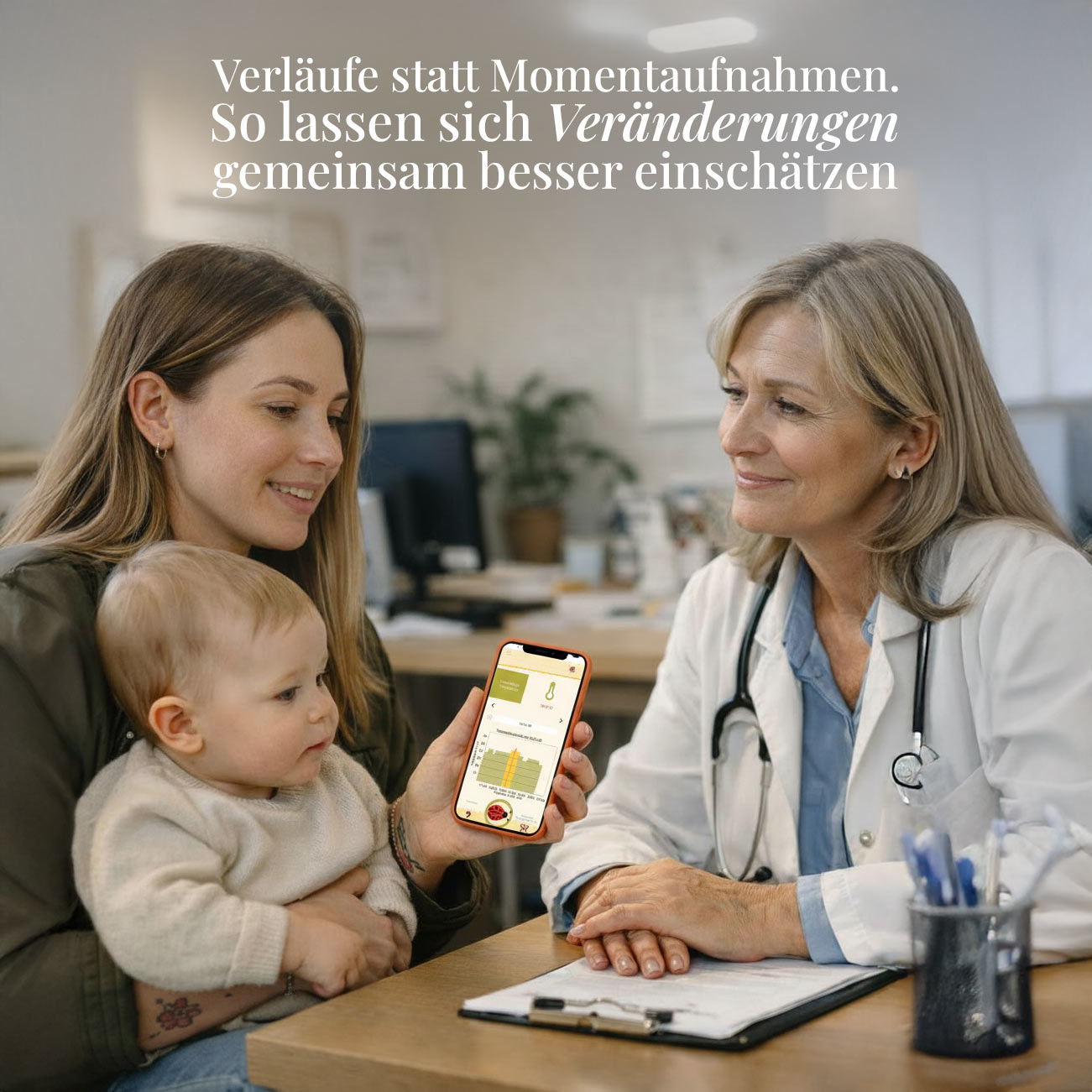 Eine Ärztin zeigt einer Mutter mit Baby eine App auf dem Handy.