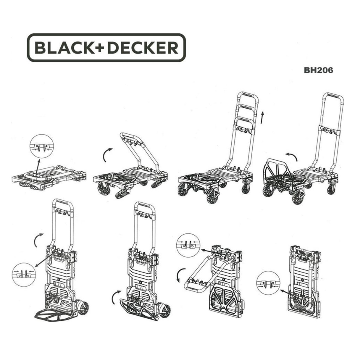 Diagram shows different configurations of a hand truck.