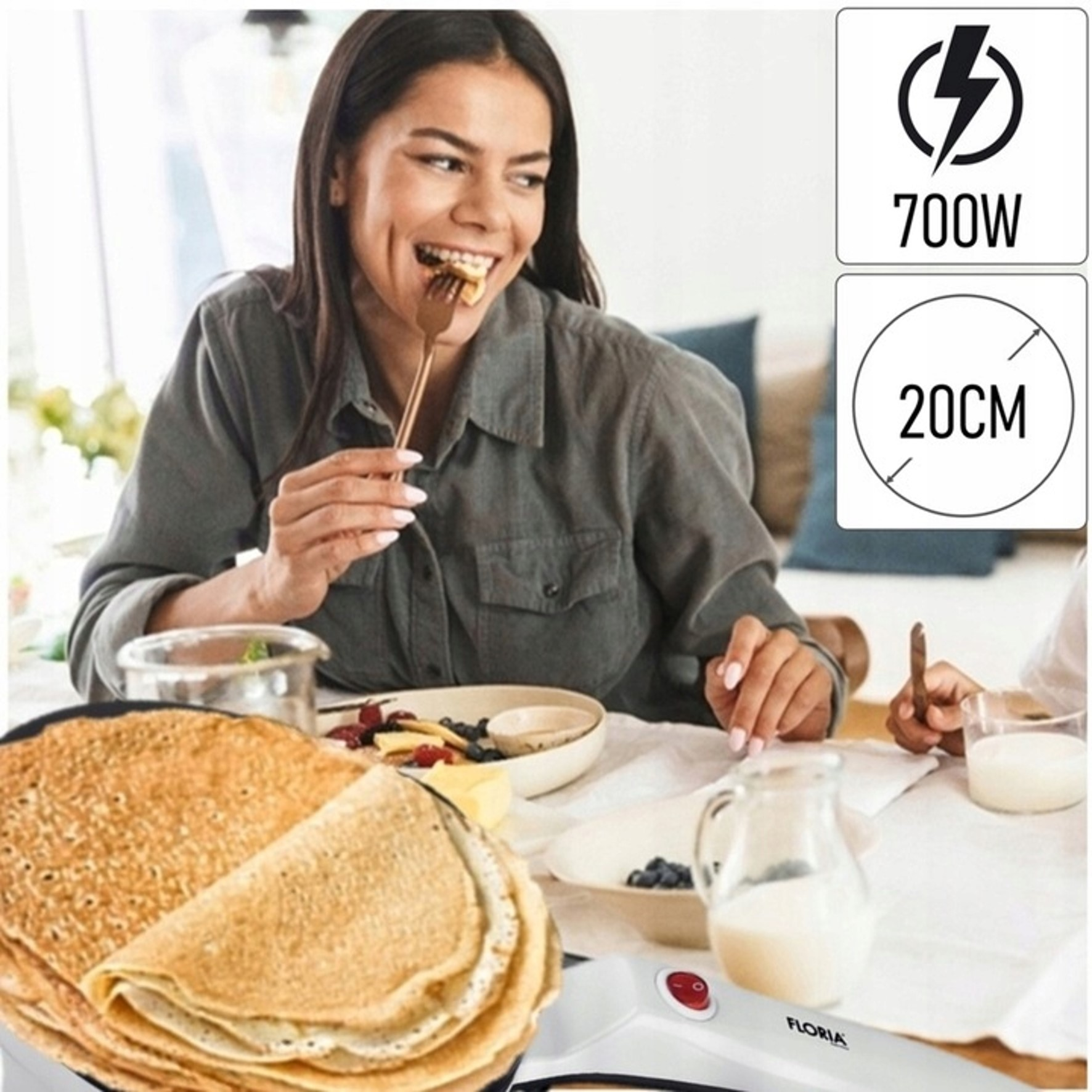 Kobieta je naleśniki. Widoczny sprzęt 700W, 20cm.