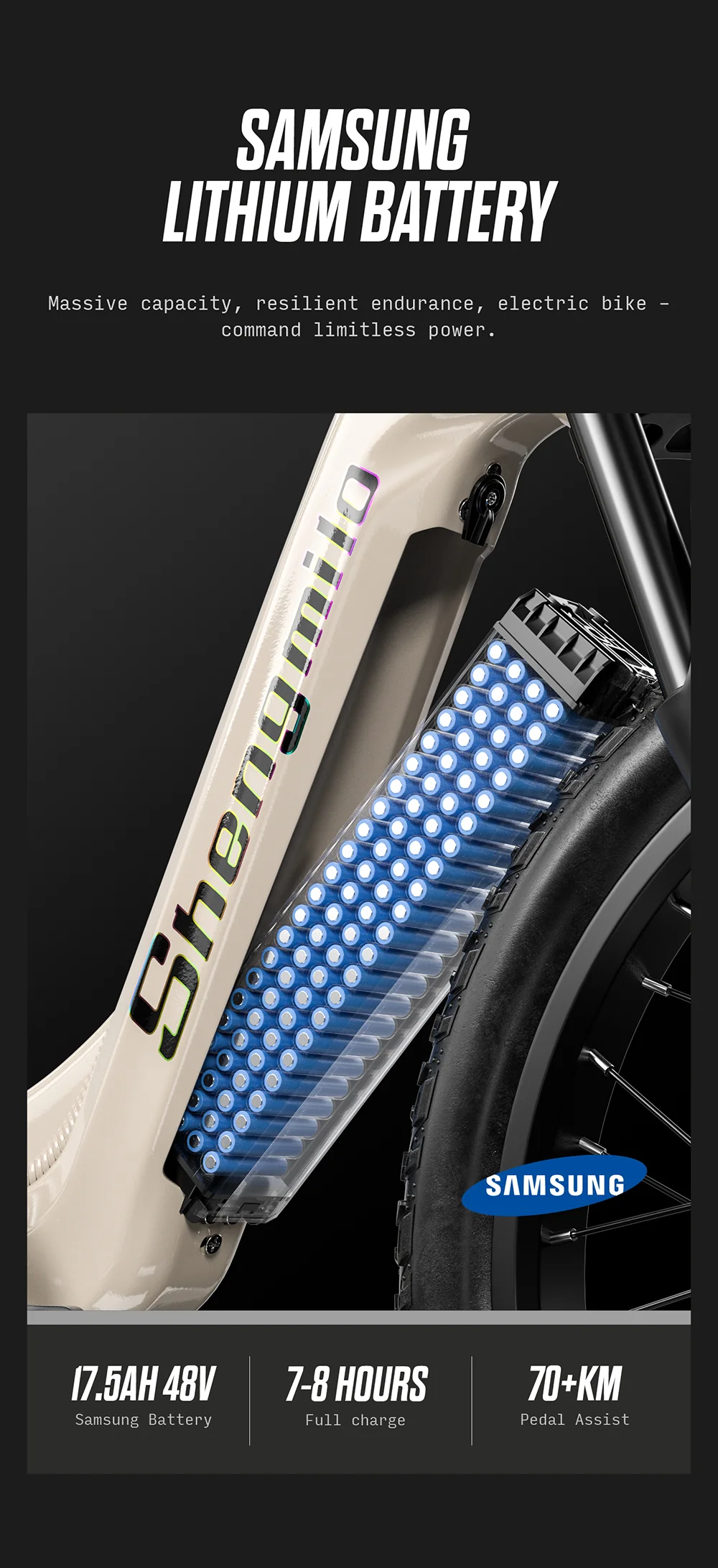 Particolare ravvicinato di una batteria per e-bike con celle Samsung.