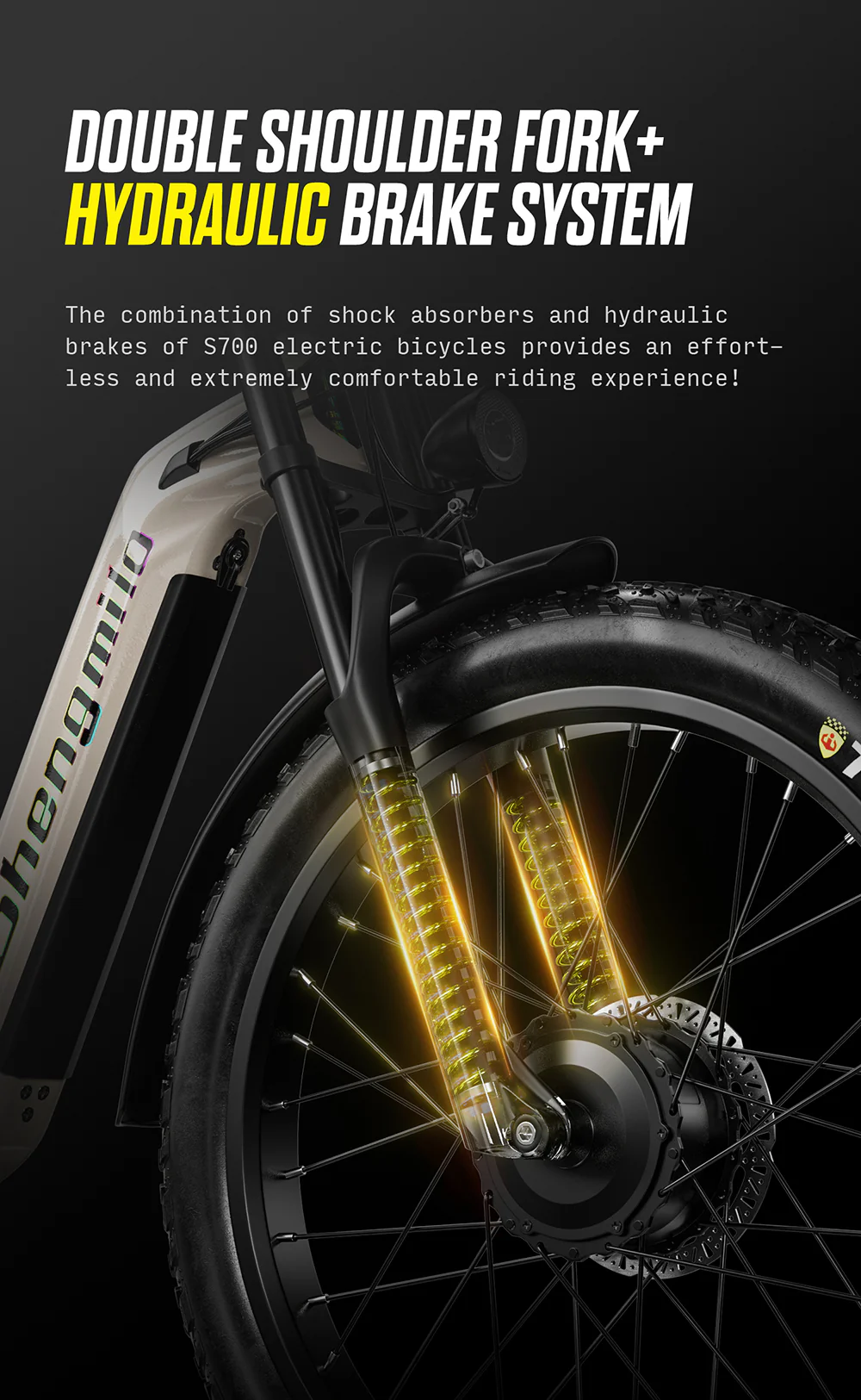 Primo piano della forcella anteriore e del sistema frenante di una bicicletta elettrica.