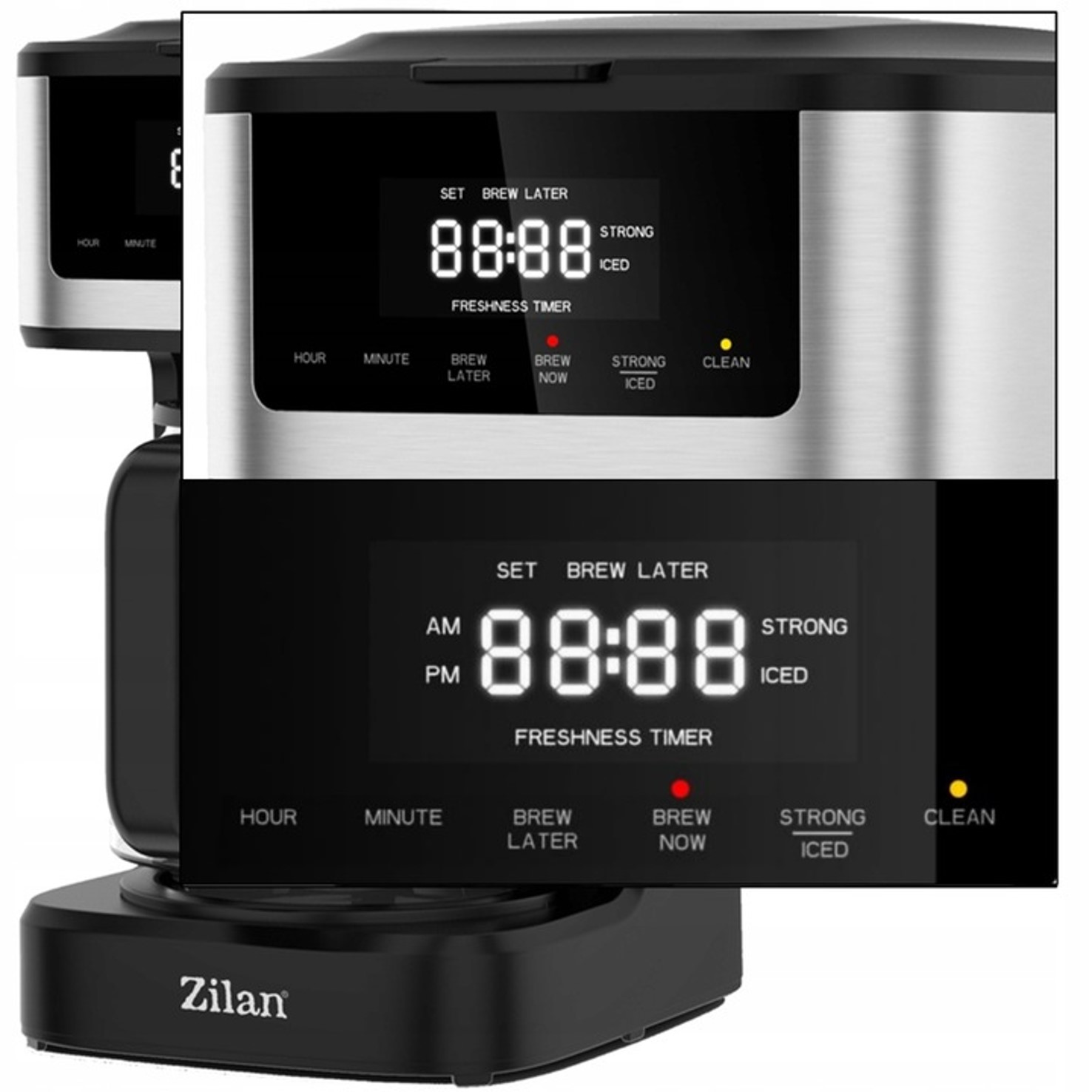 Ekspres do kawy z cyfrowym wyświetlaczem pokazującym "88:88" i opcje.