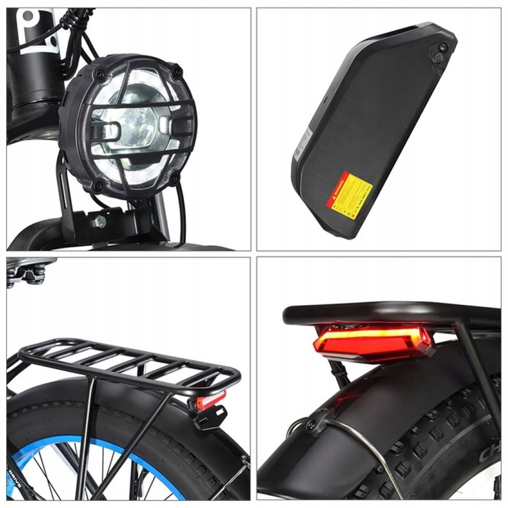 Primeros planos de faro, batería, portaequipajes y luz trasera de e-bike.