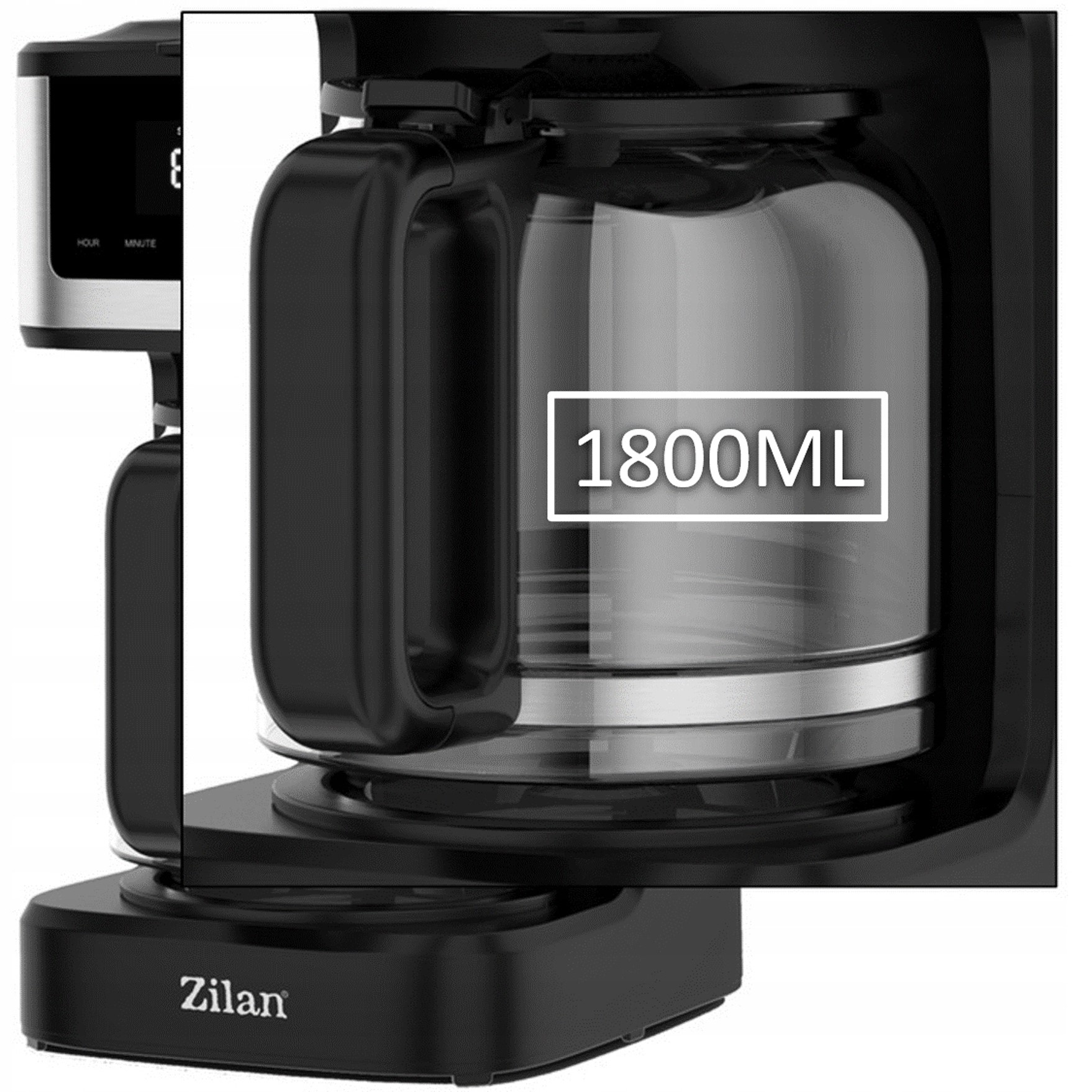 Czarny ekspres do kawy ze szklanym dzbankiem, pojemność 1800ml, cyfrowy wyświetlacz.