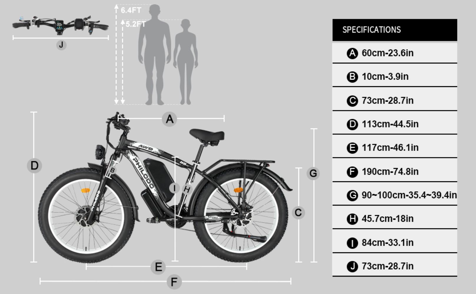 Una bicicleta eléctrica negra de llantas anchas con tabla de especificaciones.