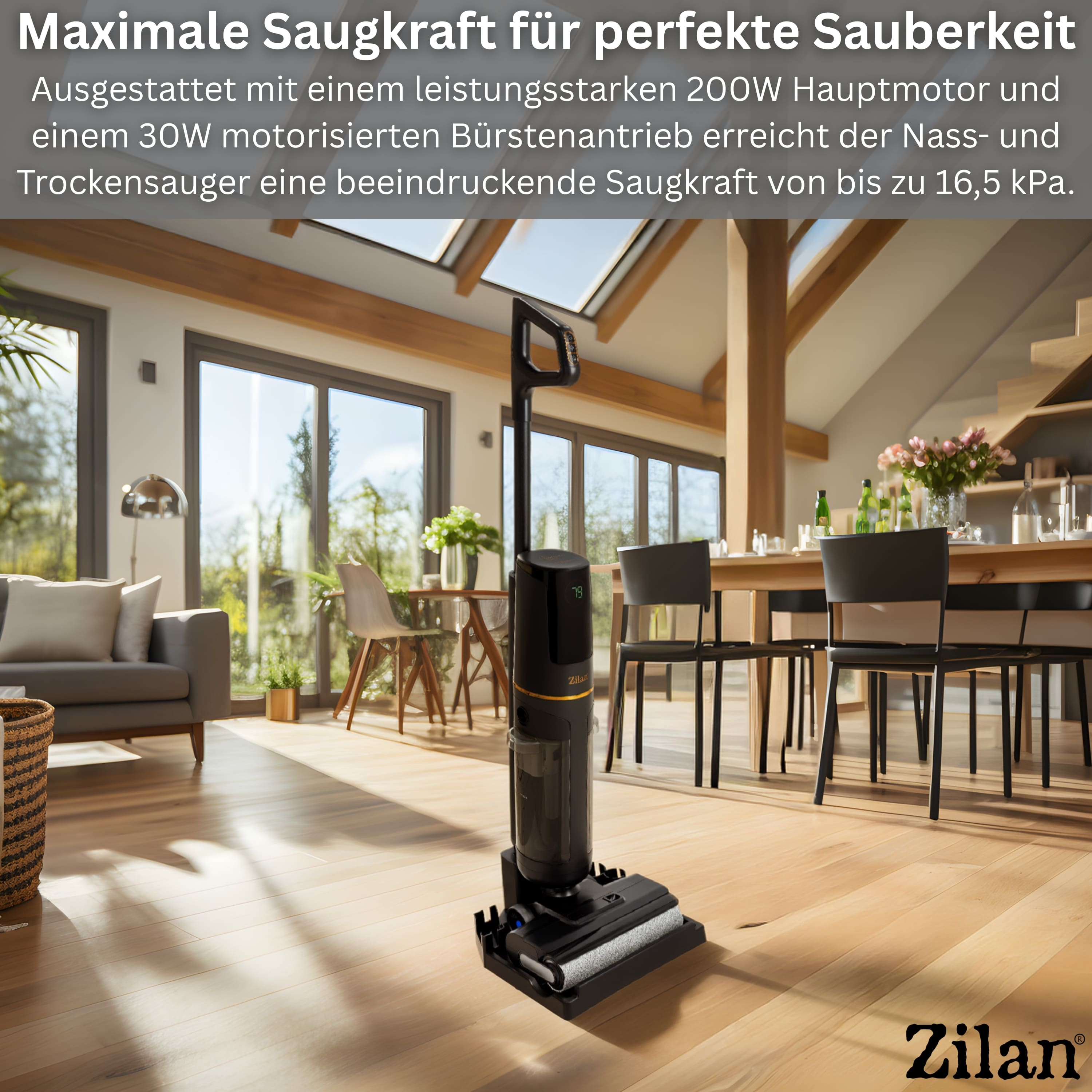 Czarny odkurzacz do pracy na mokro i sucho z wyświetlaczem stoi w jasnym salonie.