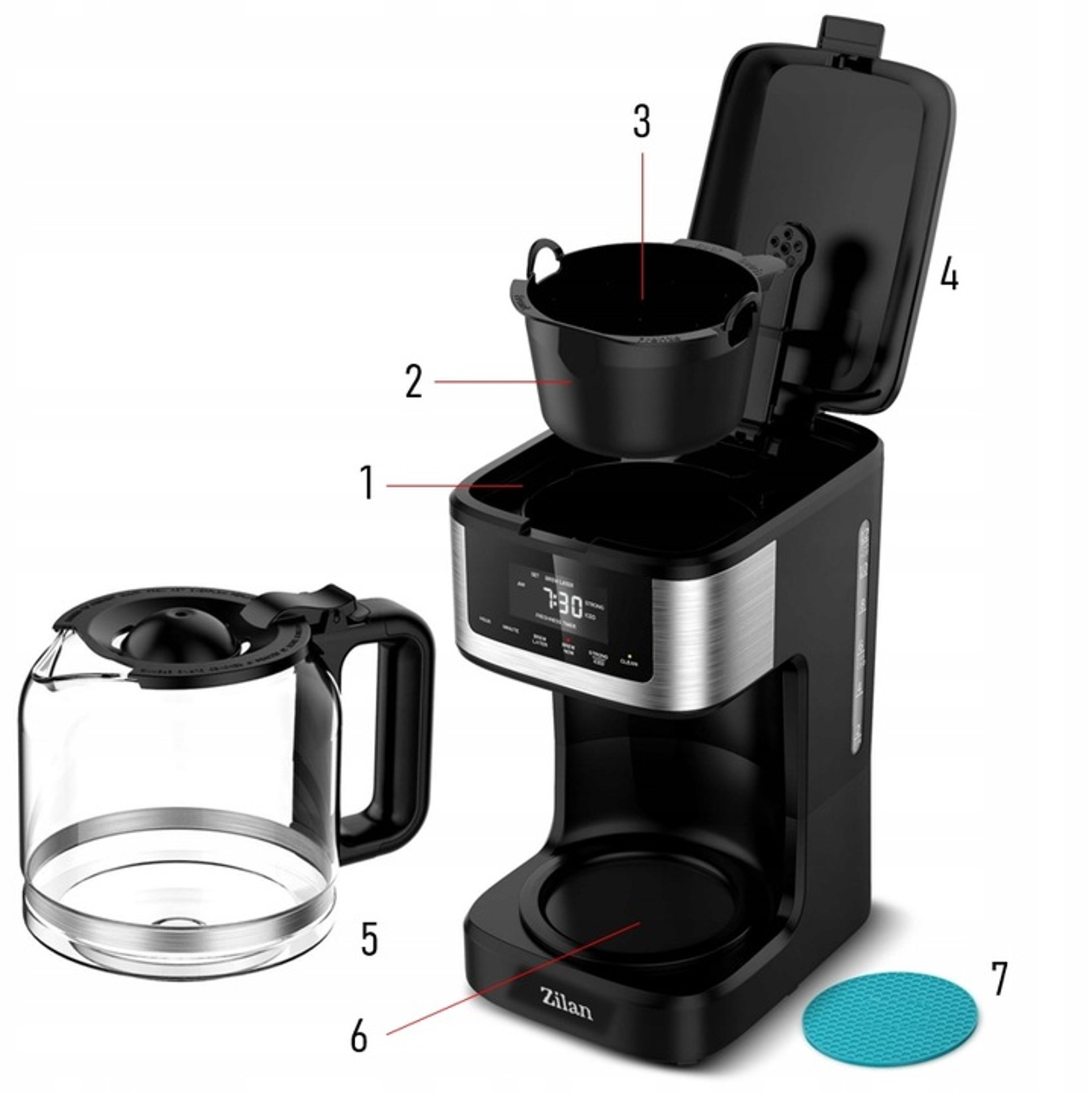 Czarny ekspres do kawy ze szklanym dzbankiem, uchwytem na filtr i cyfrowym wyświetlaczem.