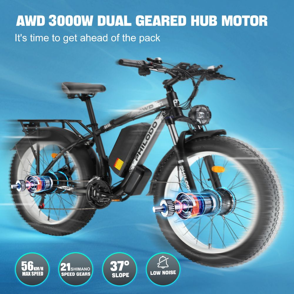 Una e-bike negra de llantas anchas con motor de doble buje y especificaciones.
