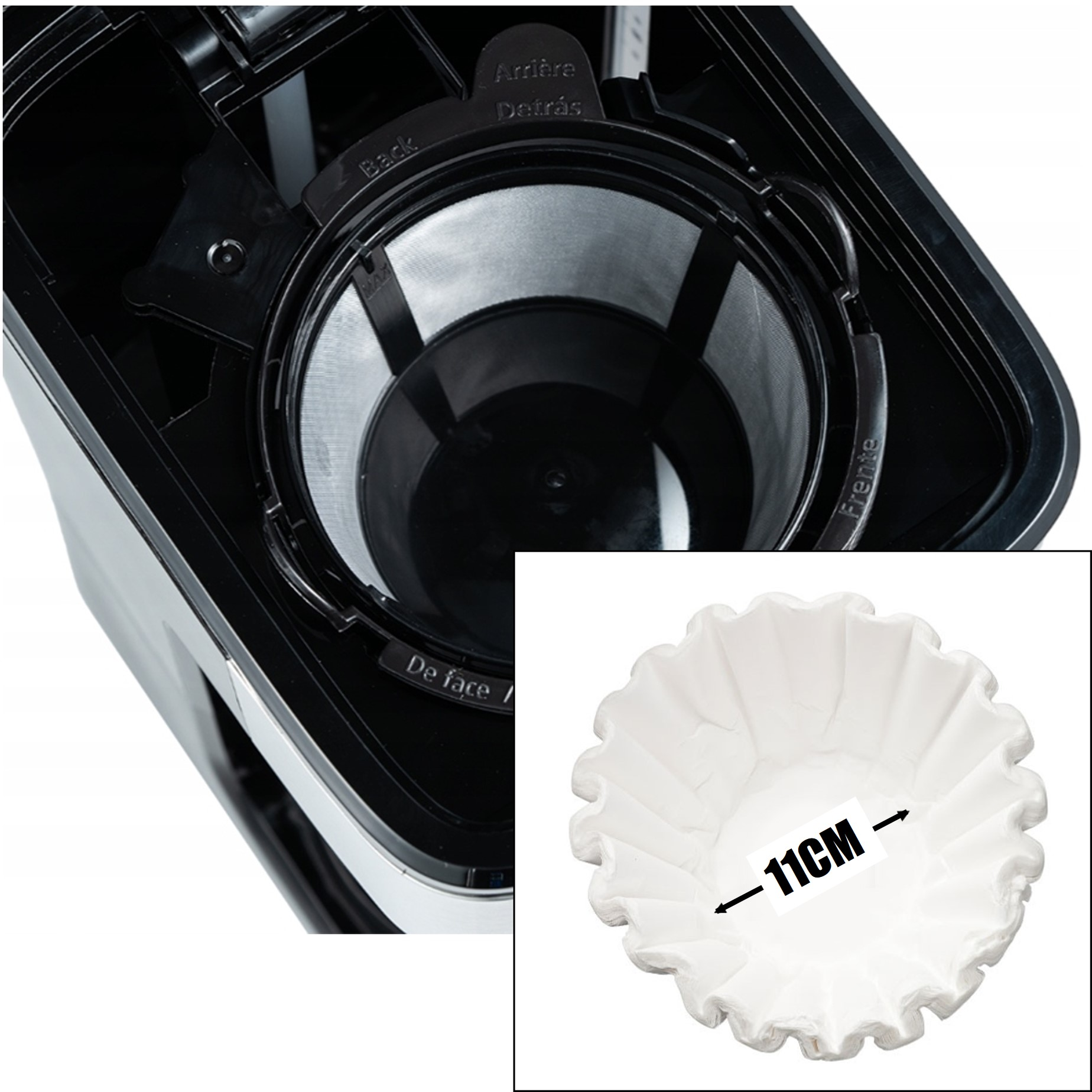 Uchwyt filtra do kawy i biały papierowy filtr do kawy o średnicy 11 cm.