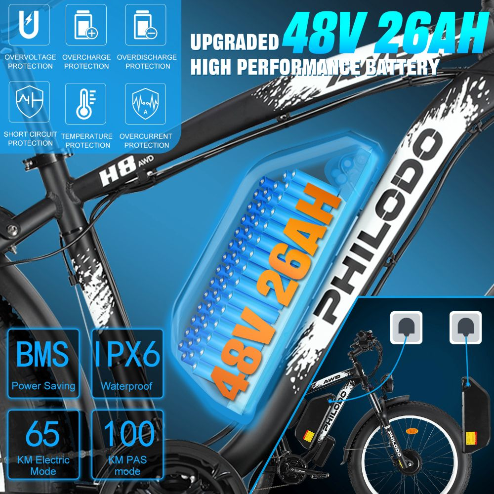 Bicicleta eléctrica con batería de 48V 26AH, protección y modos.