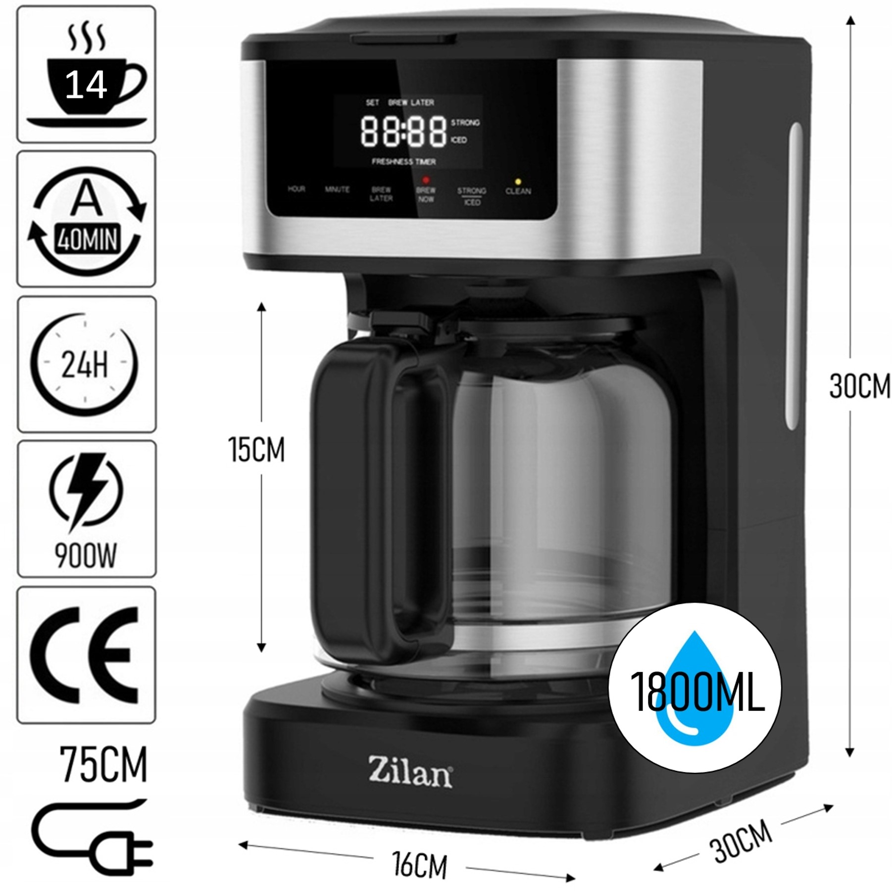 Czarny ekspres do kawy ze szklanym dzbankiem, pojemność 1800ml, cyfrowy wyświetlacz.