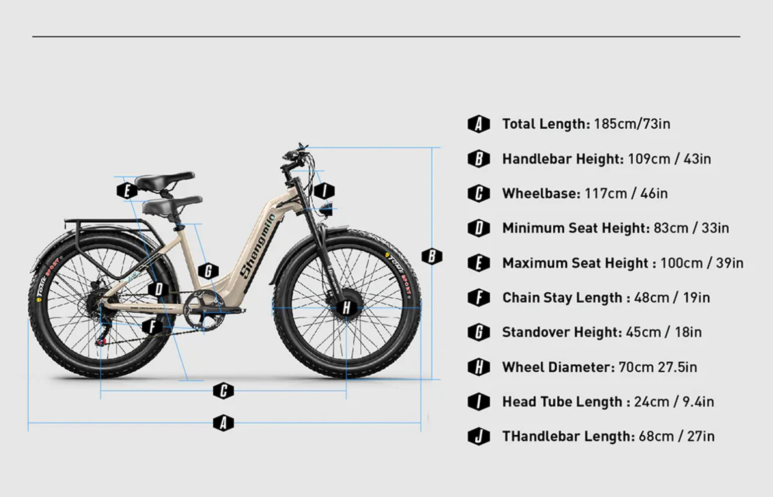 Una e-bike beige con etichette e misure dei suoi componenti.