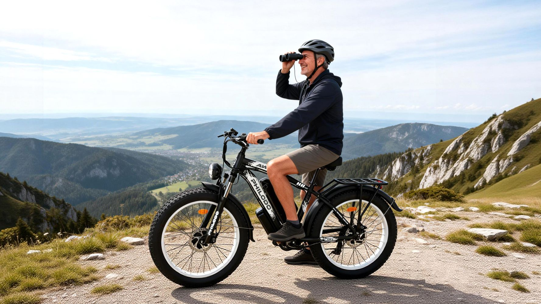 Hombre en e-bike en las montañas mirando con binoculares.