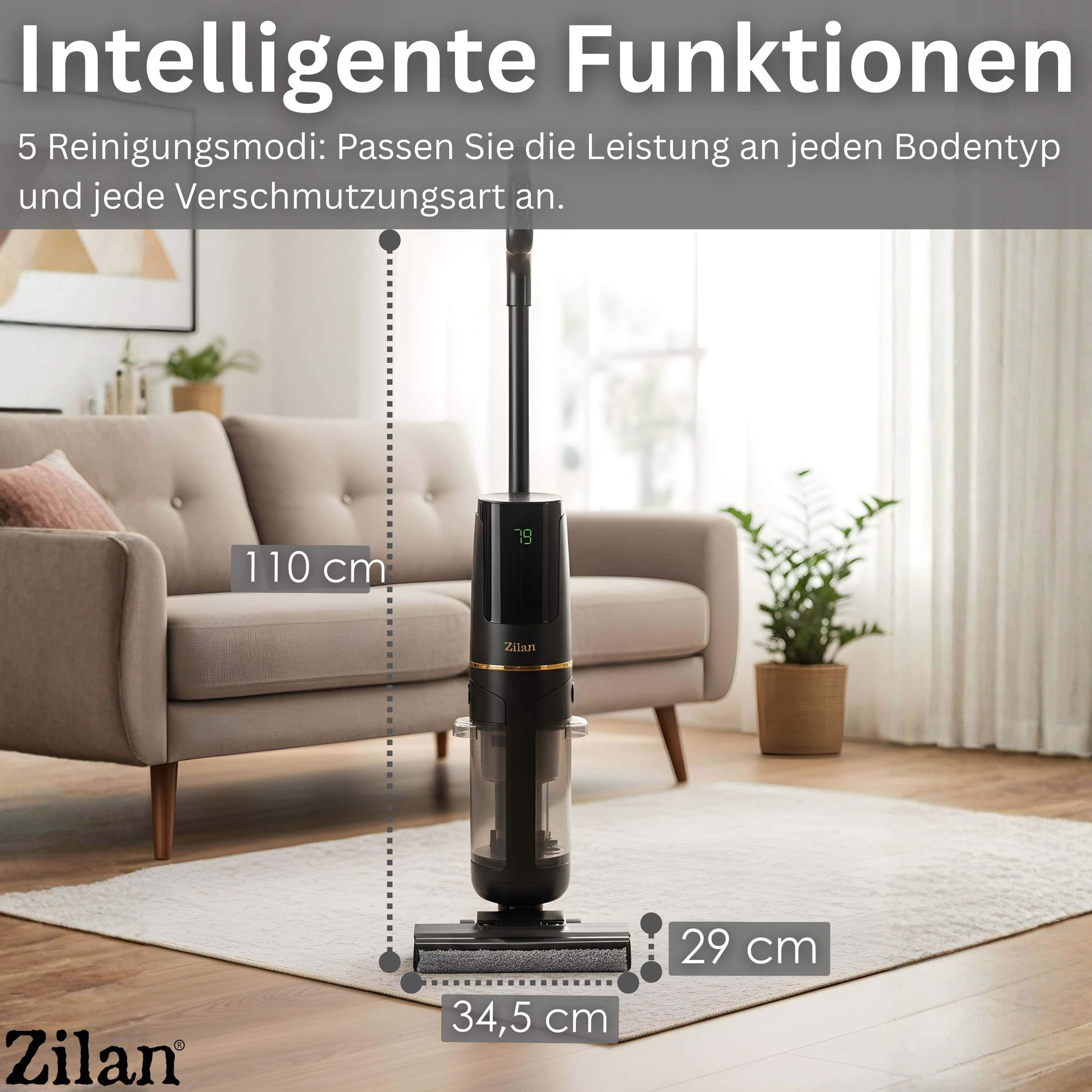 Czarny odkurzacz bezprzewodowy z cyfrowym wyświetlaczem, wys. 110cm, szer. 34,5cm.