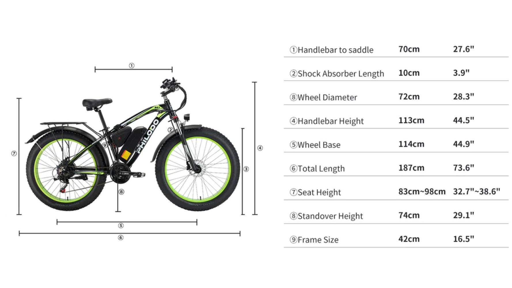 Una e-bike negra con detalles verdes y dimensiones.