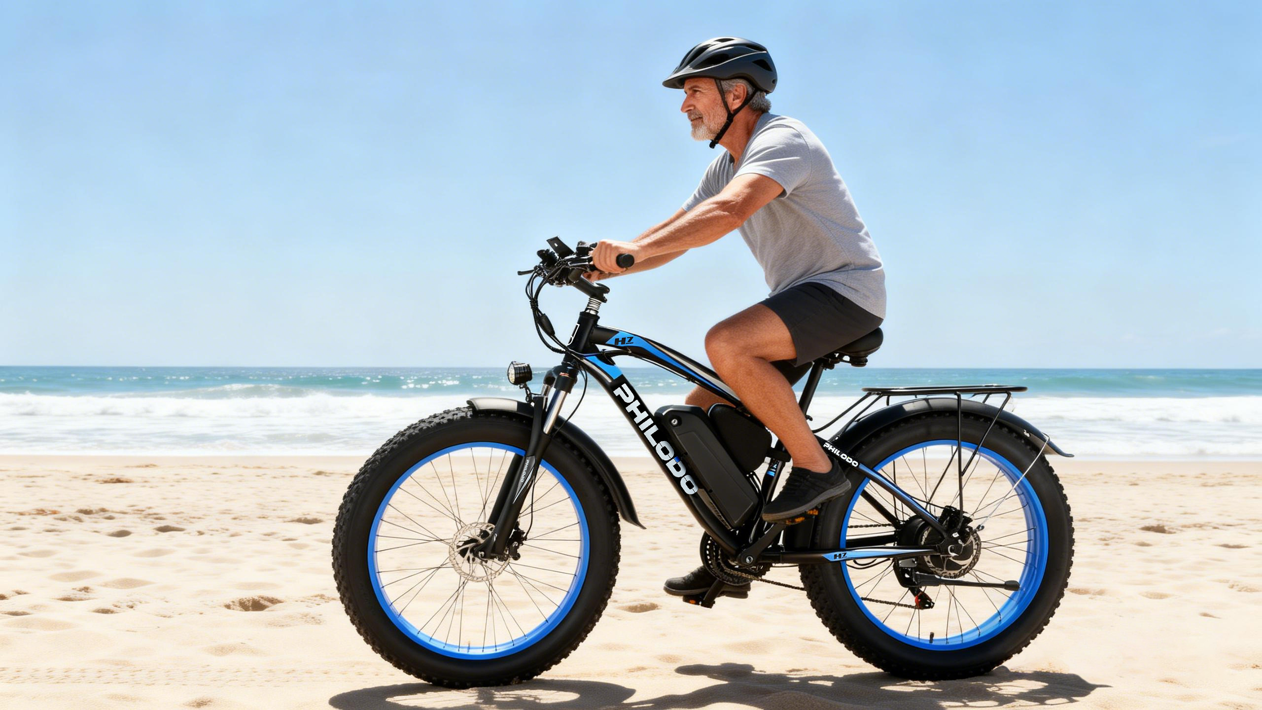 Un hombre monta una bicicleta eléctrica en la playa. El cielo es azul con el mar al fondo.