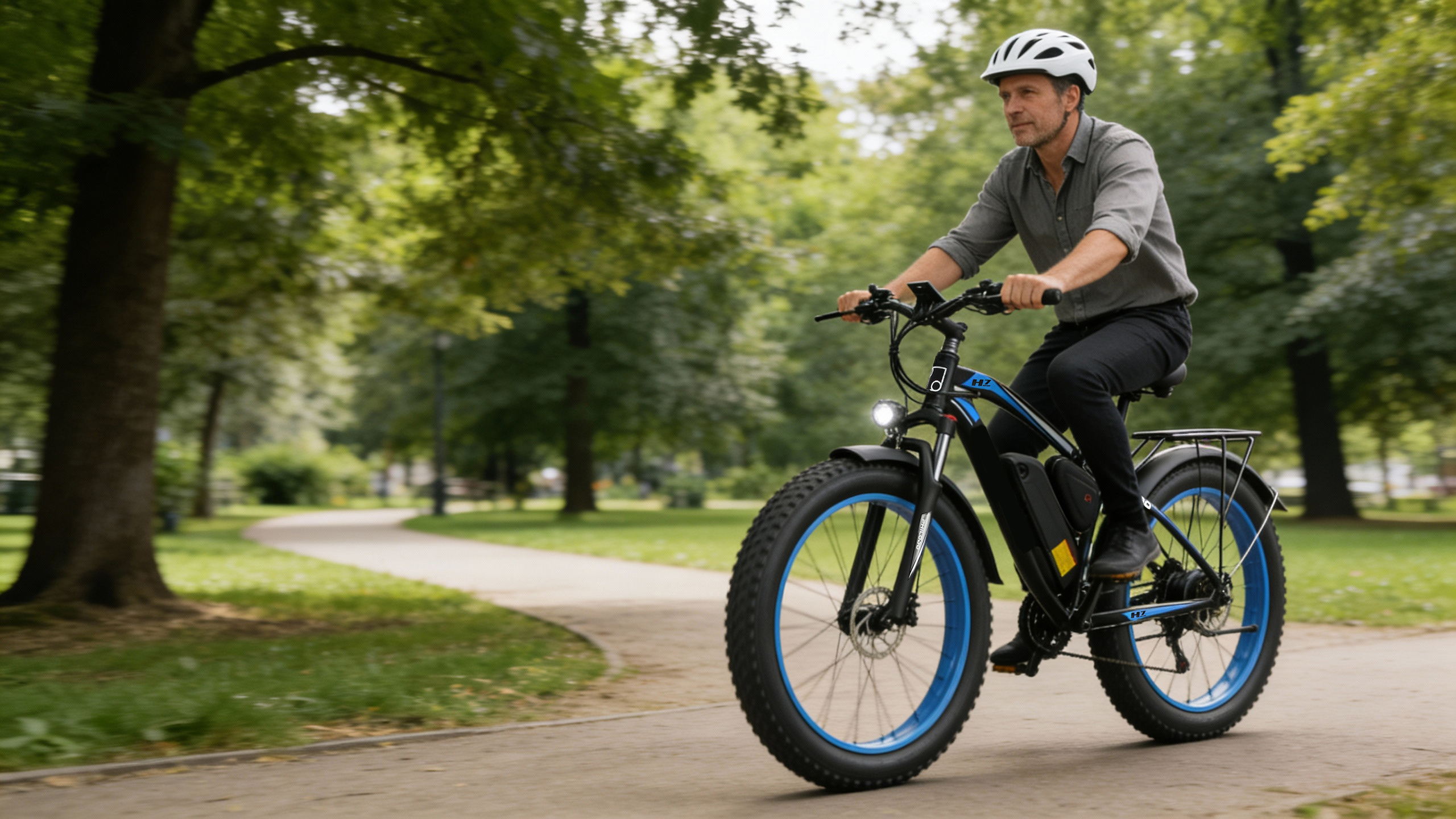 Un hombre monta una e-bike con ruedas anchas en un camino de parque.