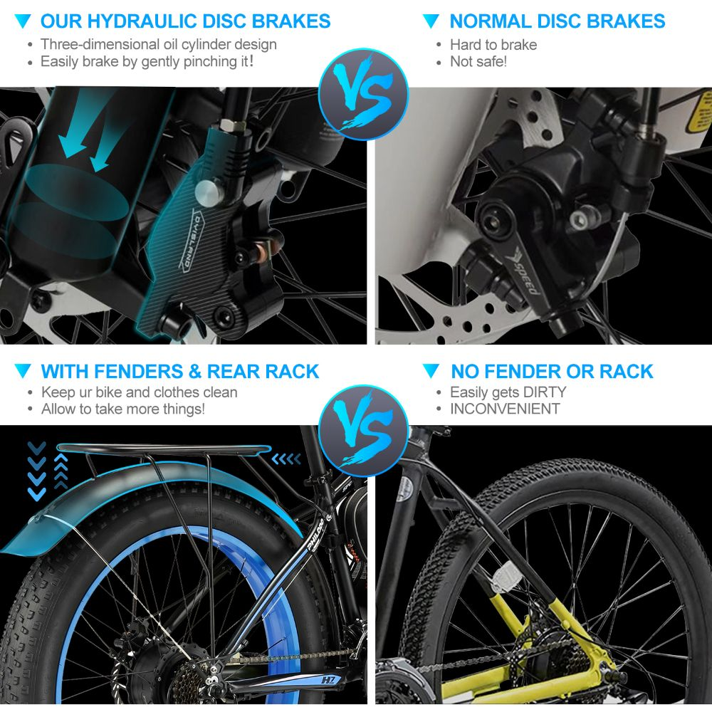 Comparación de características de bicicletas: frenos de disco hidráulicos vs. normales, y bicis con vs. sin guardabarros/portabultos.
