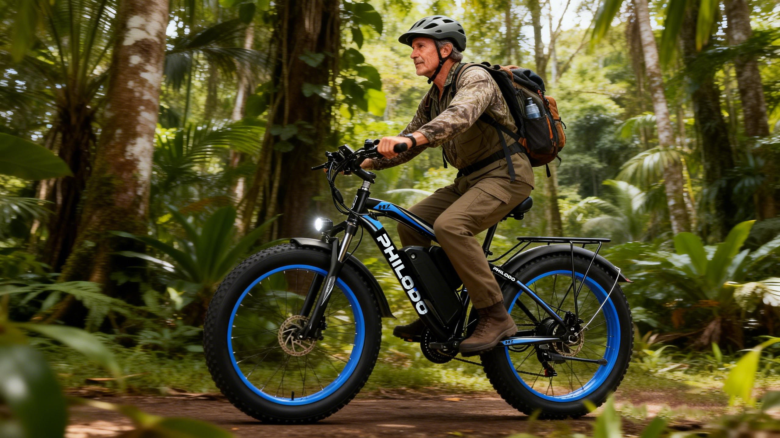 Un hombre monta una bicicleta eléctrica con neumáticos anchos en un sendero forestal.