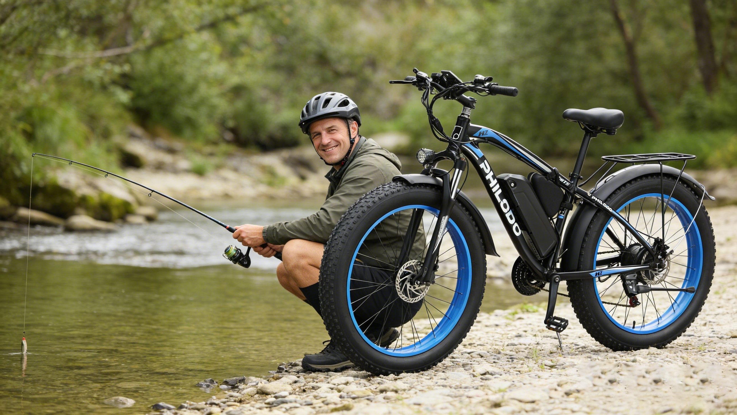 Ein Mann mit Helm angelt neben einem E-Bike mit blauen Felgen an einem Fluss.