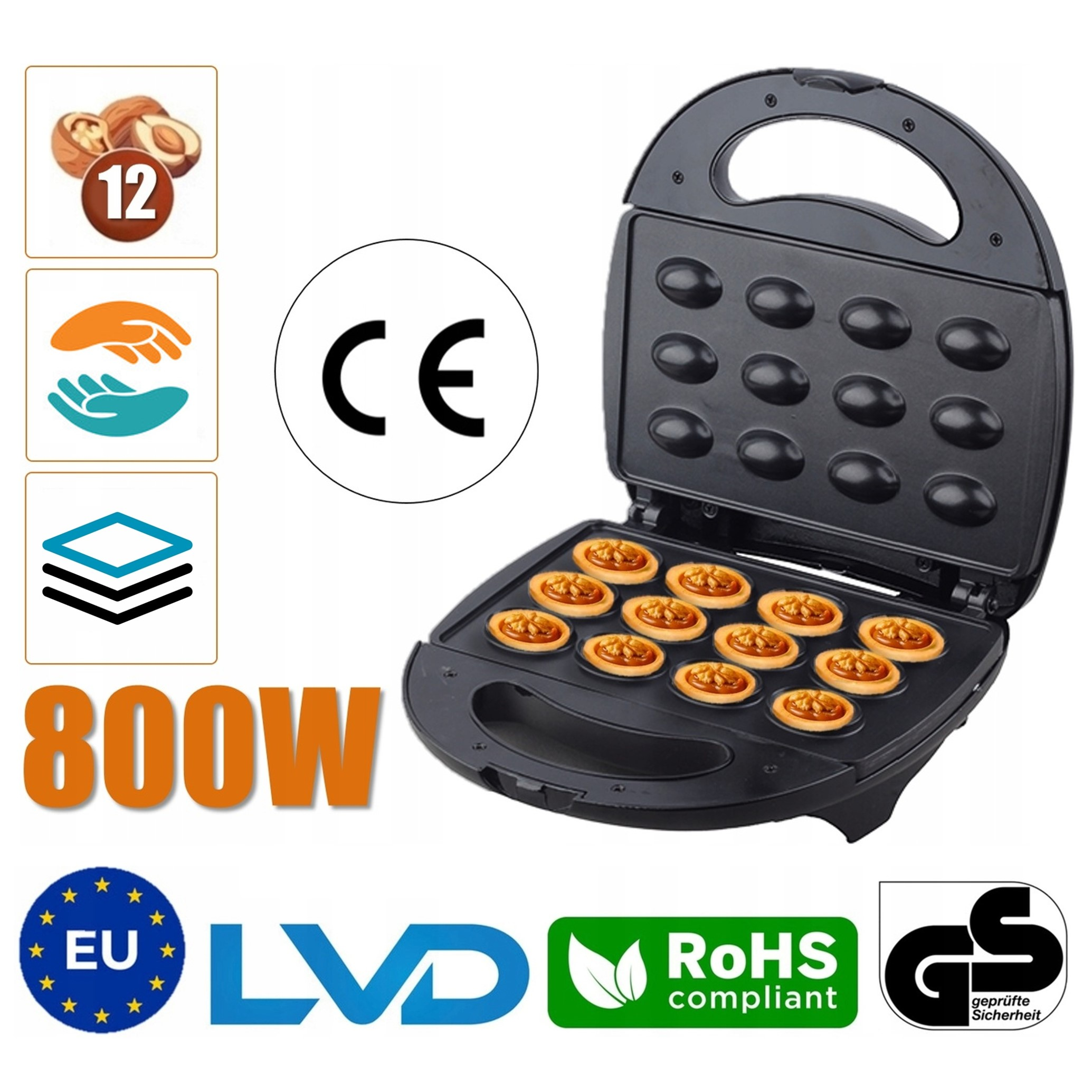 Otwarta gofrownica z 12 okrągłymi goframi w trakcie pieczenia, z logo certyfikacji.