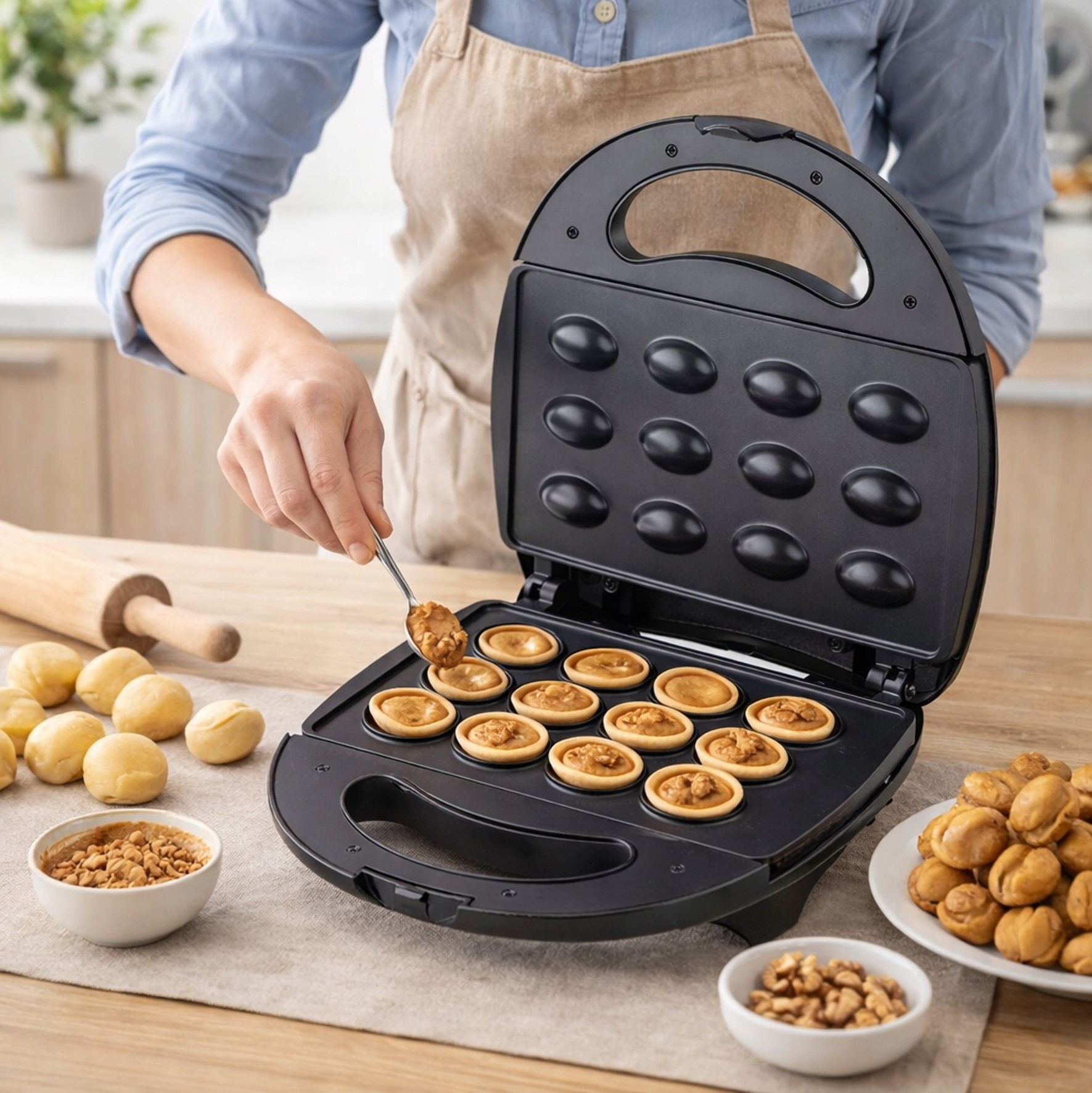 Osoba napełnia ciastem otwartą gofrownicę, obok kulki ciasta i orzechy.