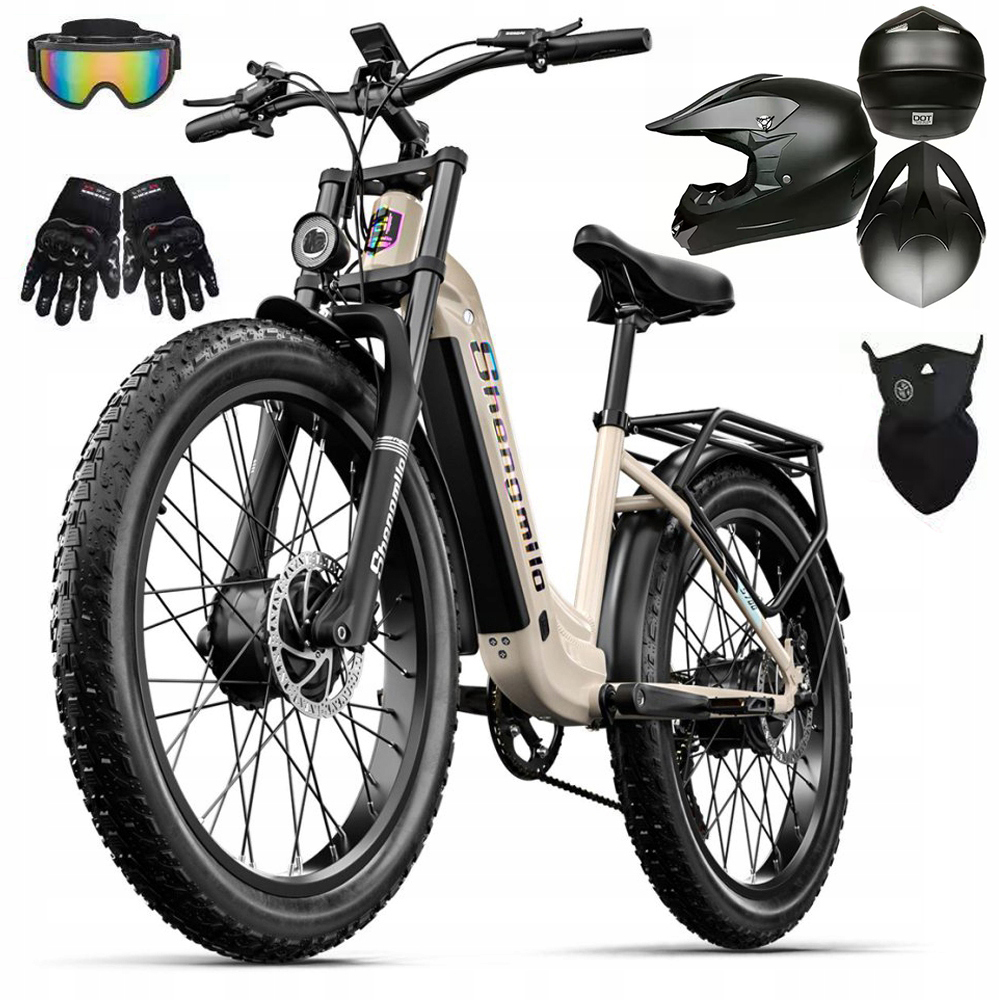 Bicicletta elettrica beige con occhiali, guanti, casco e maschera.