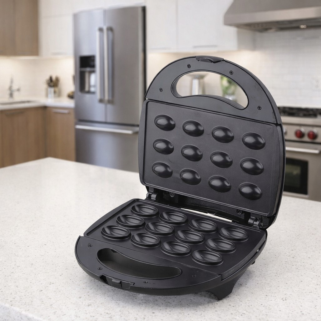 Otwarta czarna forma do ciasta z 16 wgłębieniami na blacie kuchennym.