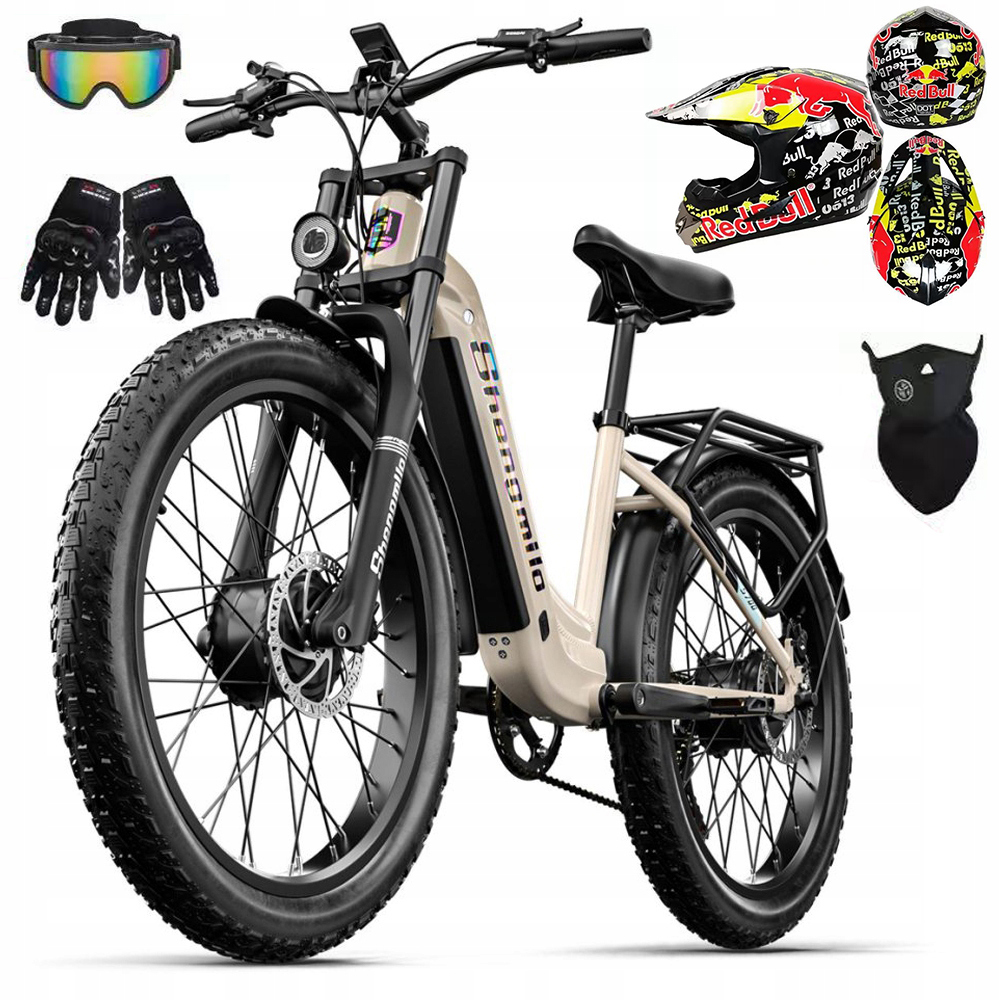 Una e-bike beige con accessori: casco, occhiali, guanti e maschera.