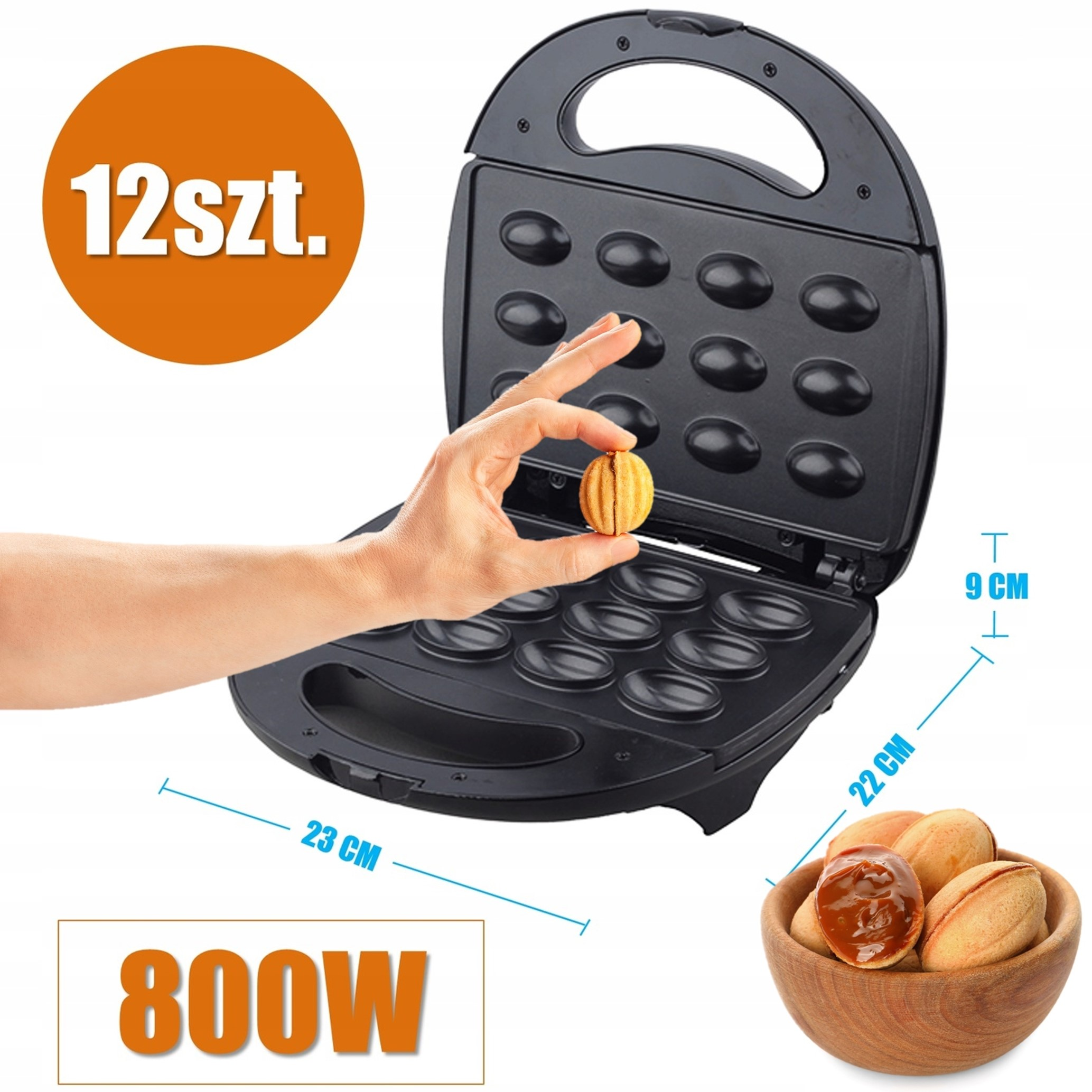 Otwarta gofrownica do orzeszków, 12 form, 800W, wymiary 23x22cm.