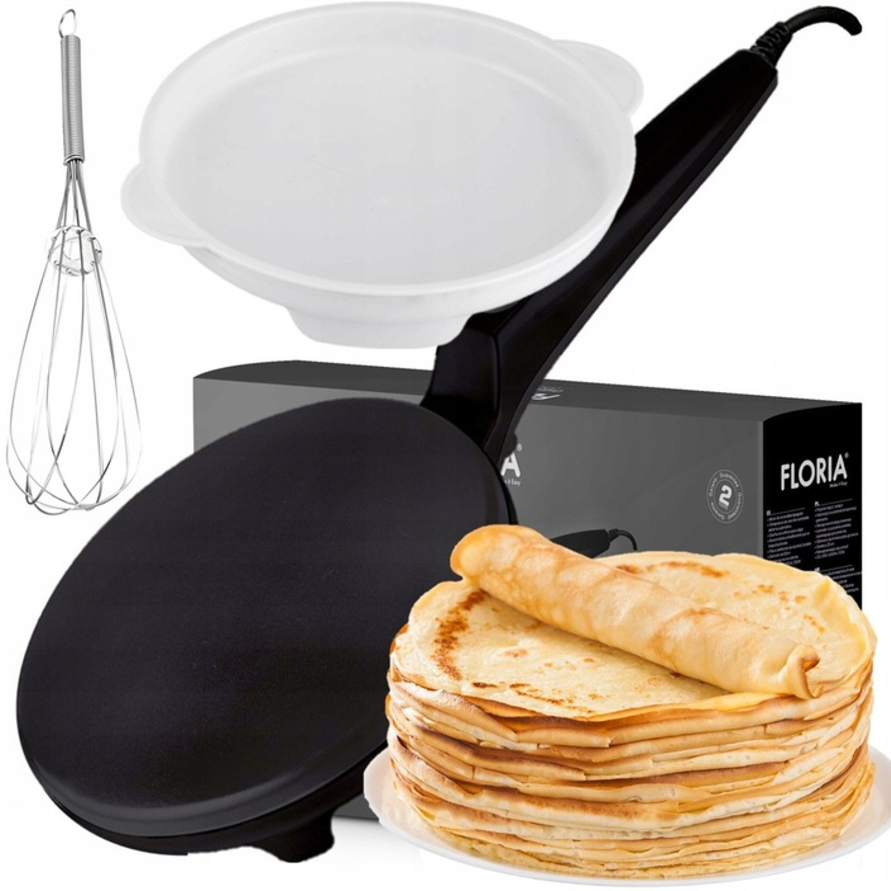 Stos naleśników obok elektrycznej patelni, trzepaczki i pokrywki.