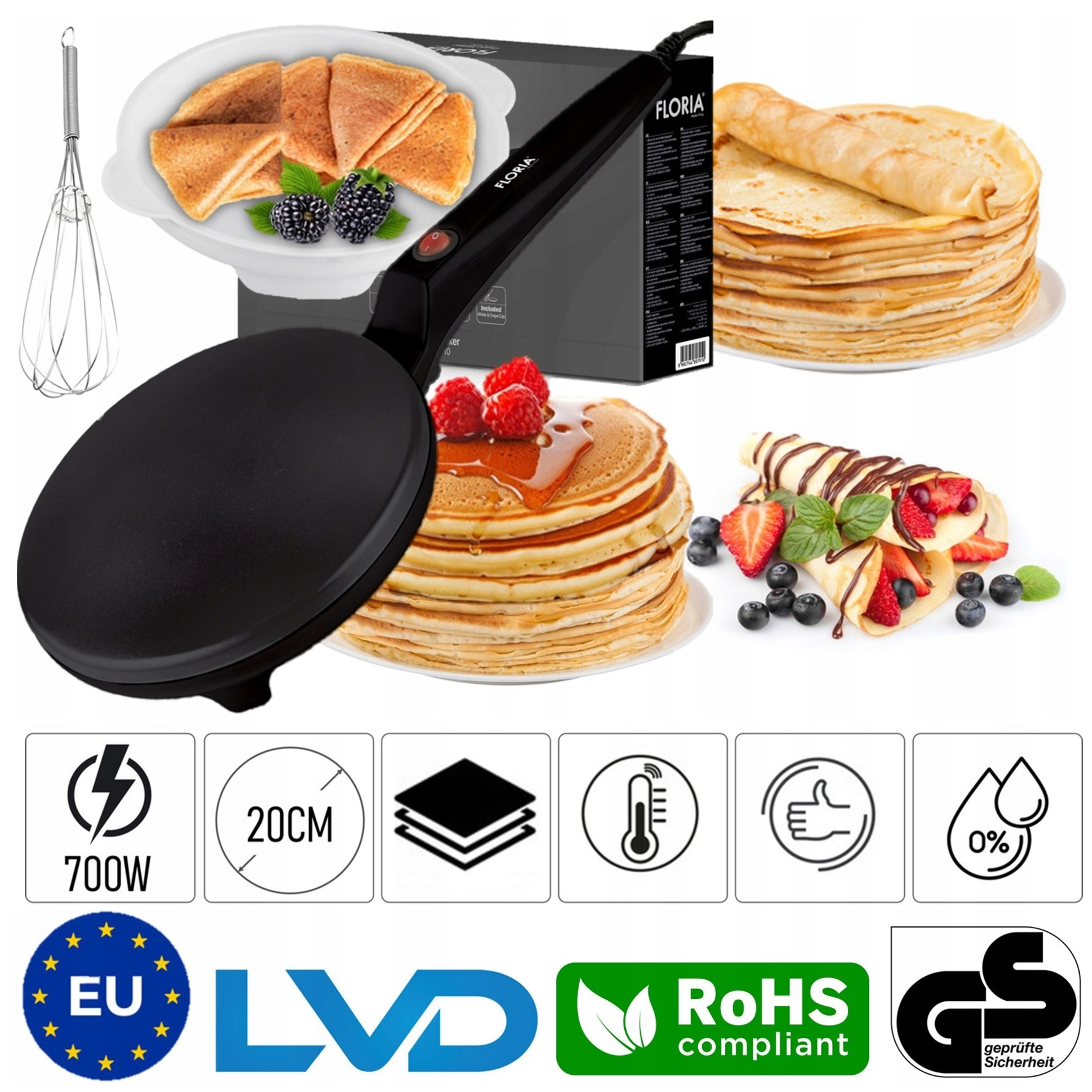 Maszyna do naleśników Floria z naleśnikami i owocami, 700W, 20cm.