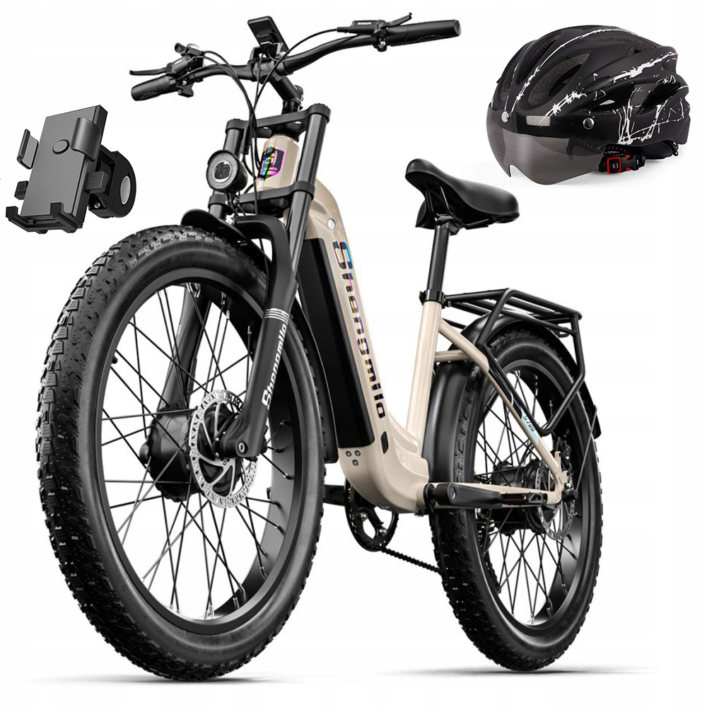 Una e-bike beige con pneumatici larghi, casco e supporto telefono.