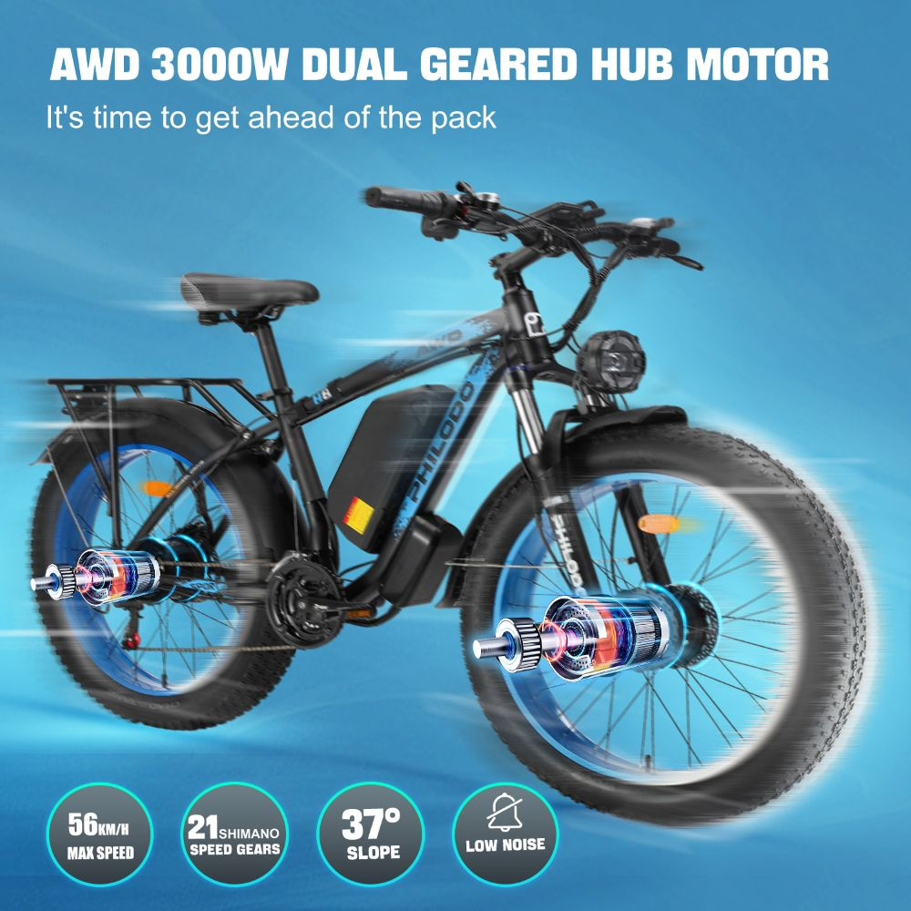 Una e-bike negra de llantas anchas con aros azules, con detalles de motor.