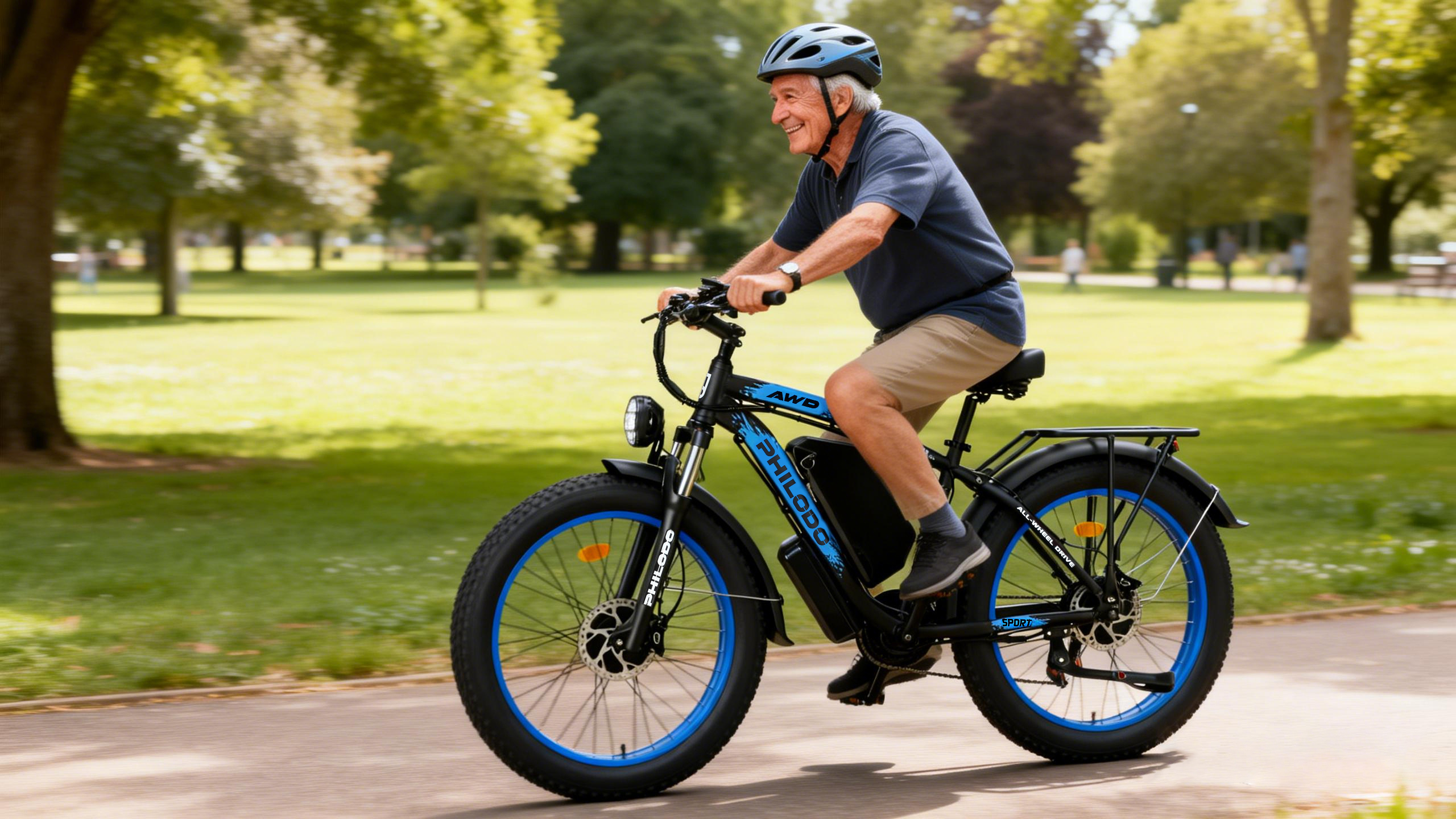 Un hombre mayor monta una bicicleta eléctrica en un sendero de parque, con árboles y césped detrás.