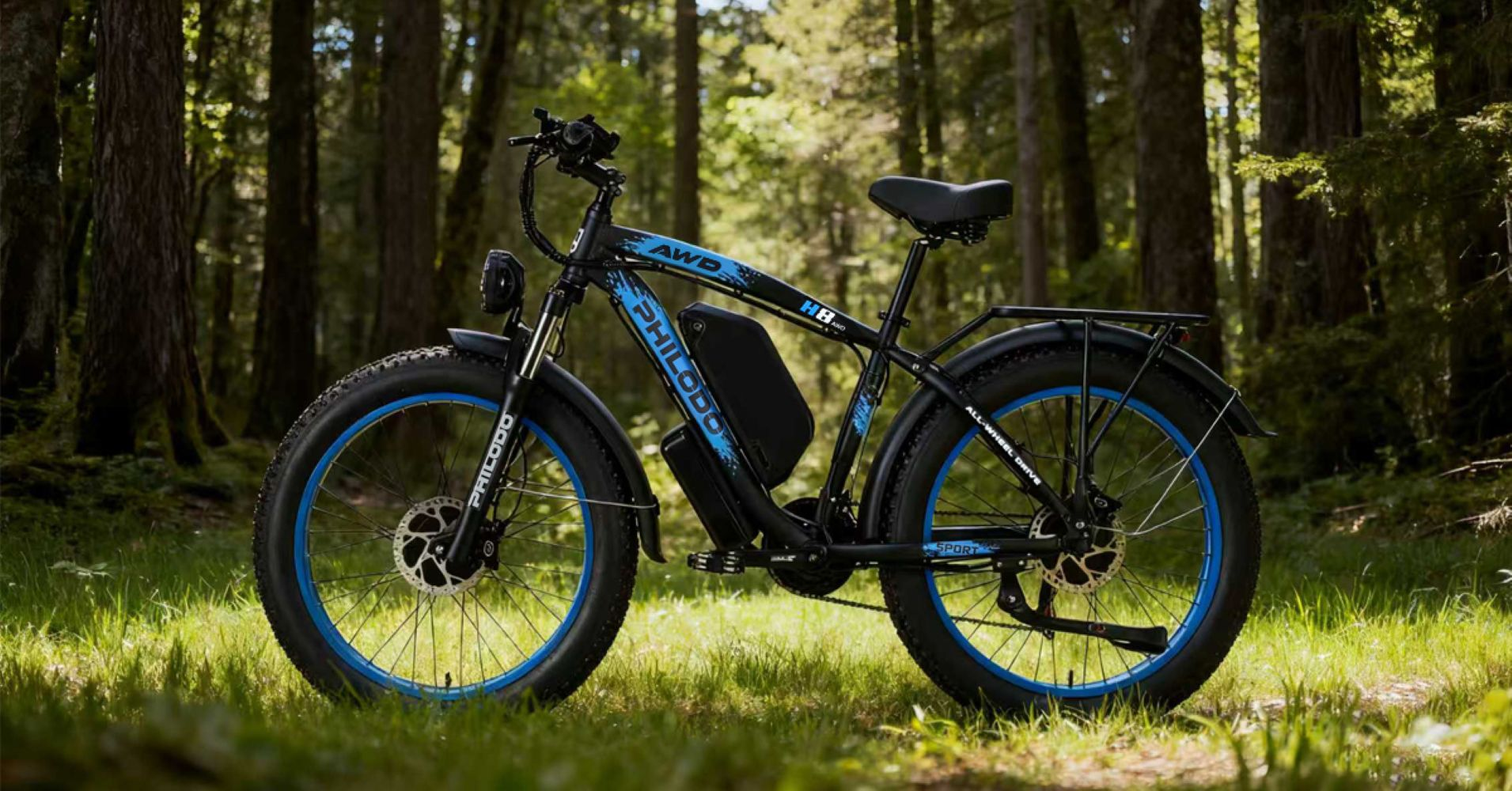 Una bicicleta eléctrica fat bike negra con detalles azules sobre hierba en un bosque.