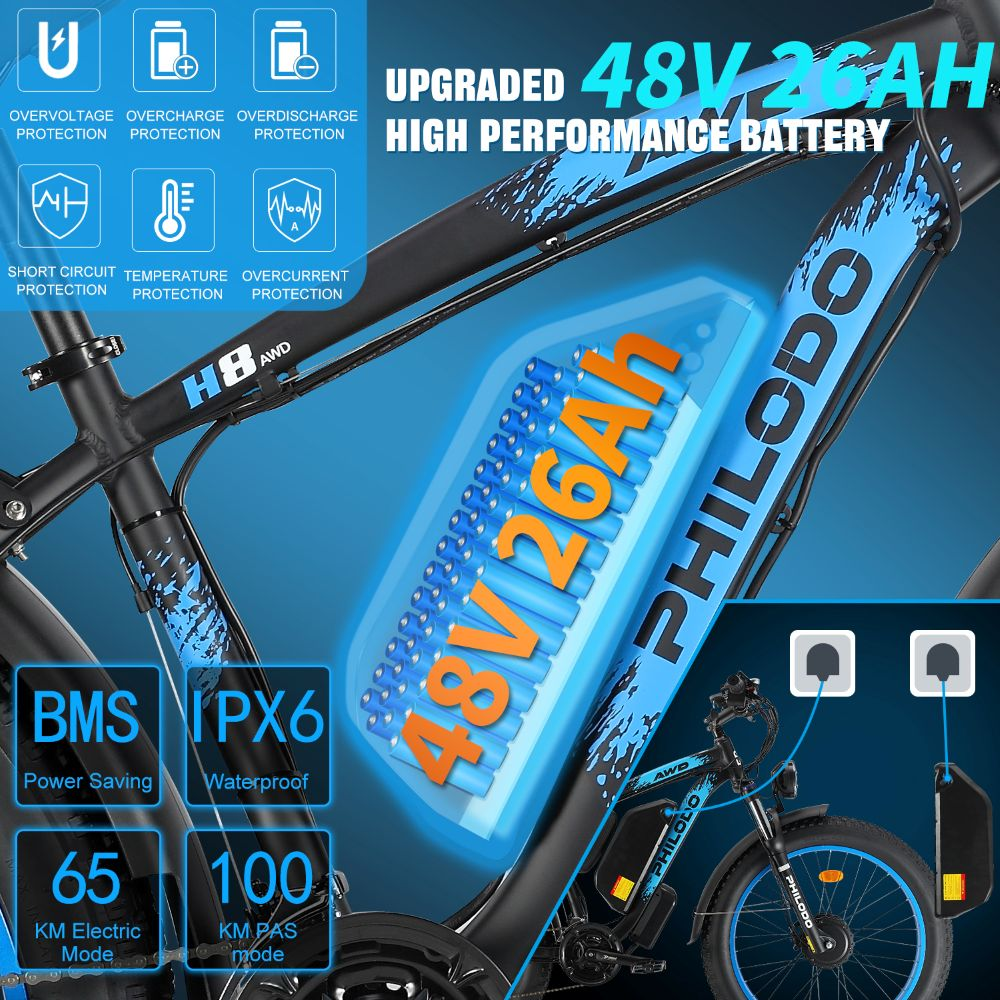 Bicicleta eléctrica con batería de 48V 26AH, protecciones y datos de rendimiento.