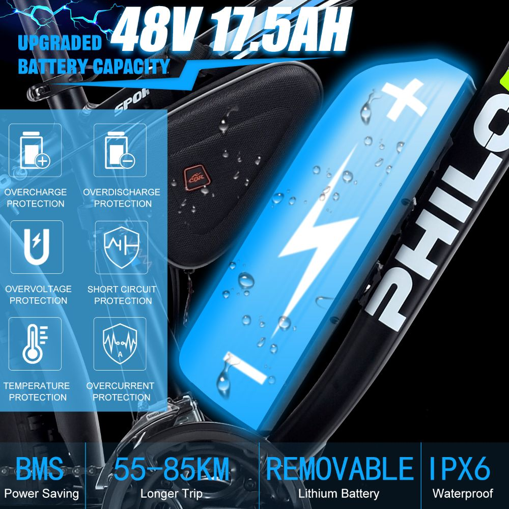 Batería de e-bike 48V 17,5Ah, con protecciones y resistente al agua IPX6.