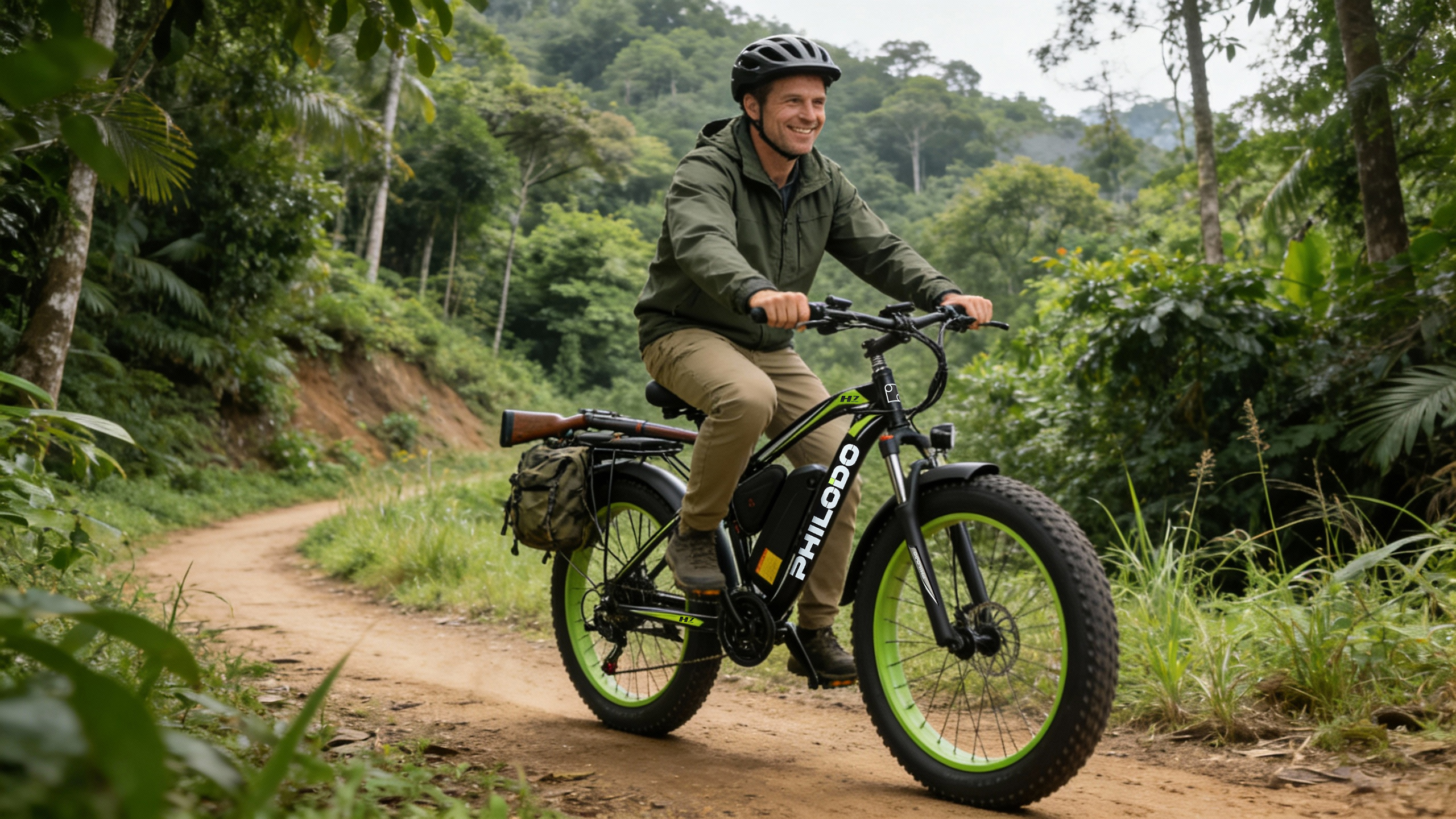 Un hombre monta una e-bike de llantas anchas por un camino de tierra en la selva.